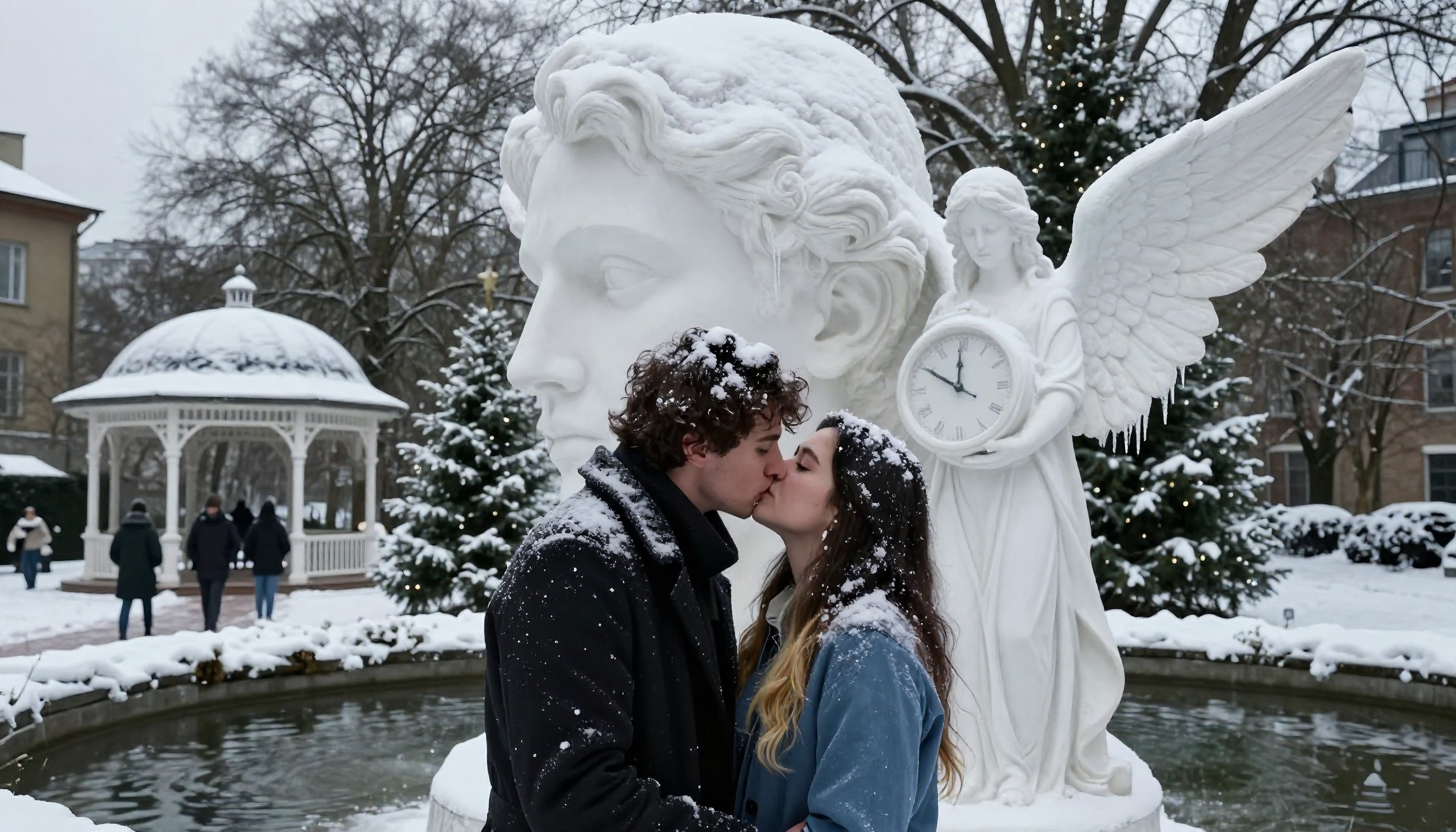 Couple Kissing by Large Snowy Fountain Statue in Winter Setting