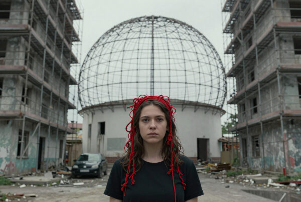 Woman wearing red cordage standing amid derelict buildings under gray sky