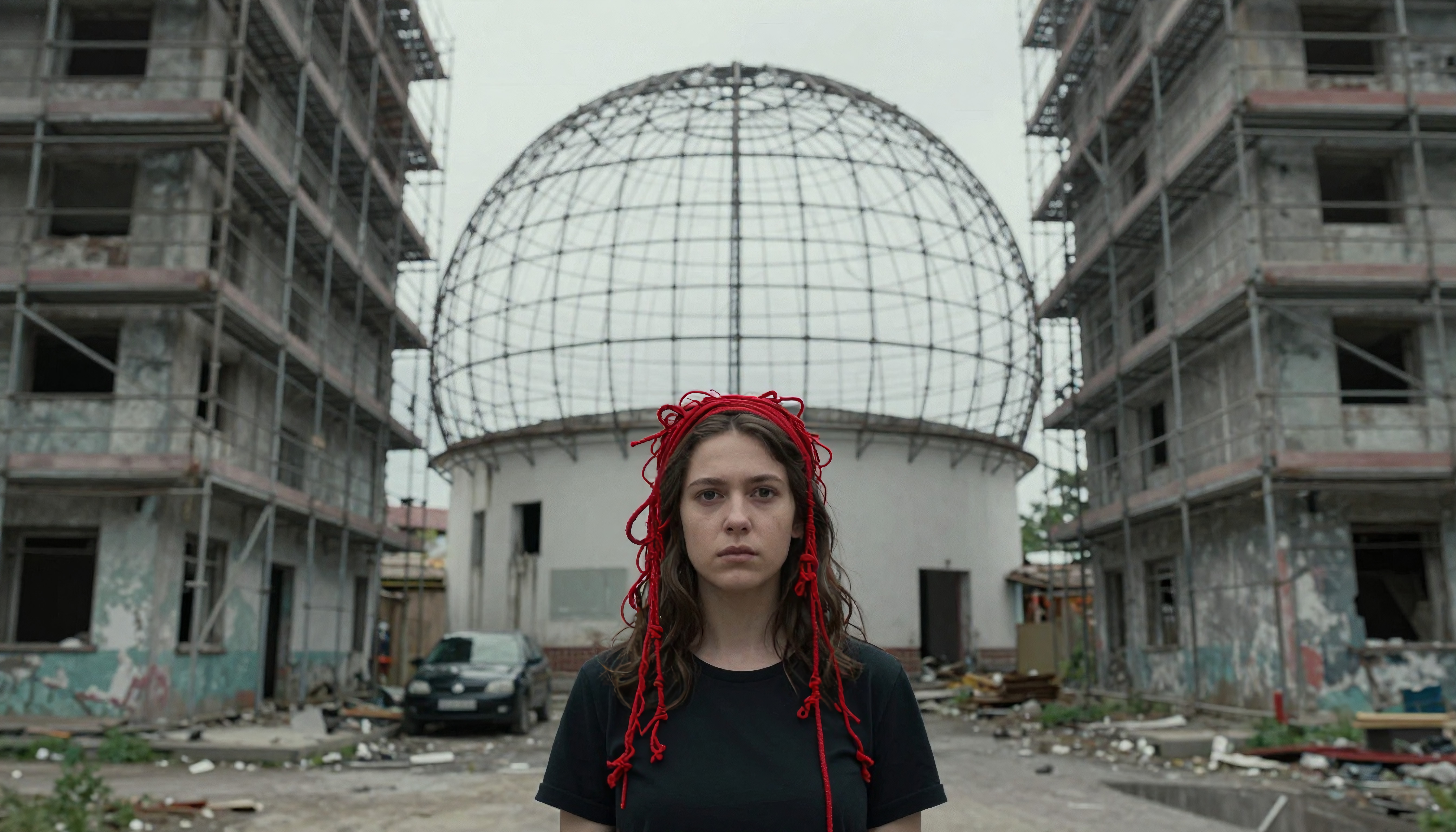 Woman wearing red cordage standing amid derelict buildings under gray sky