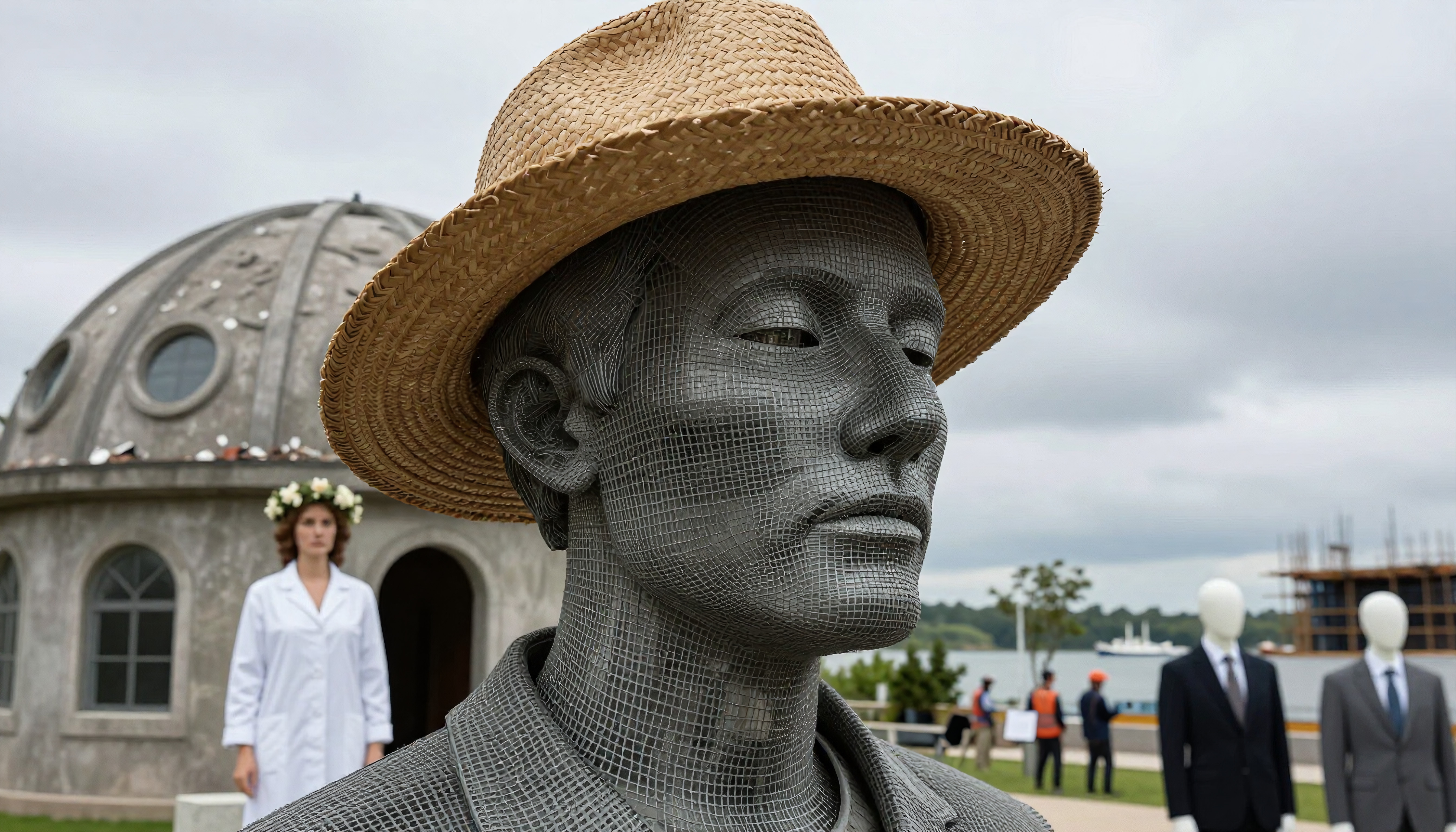 Detailed wire mesh sculpture with straw hat in outdoor exhibition setting featuring artistic installations and a woman in a lab coat with a floral crown.