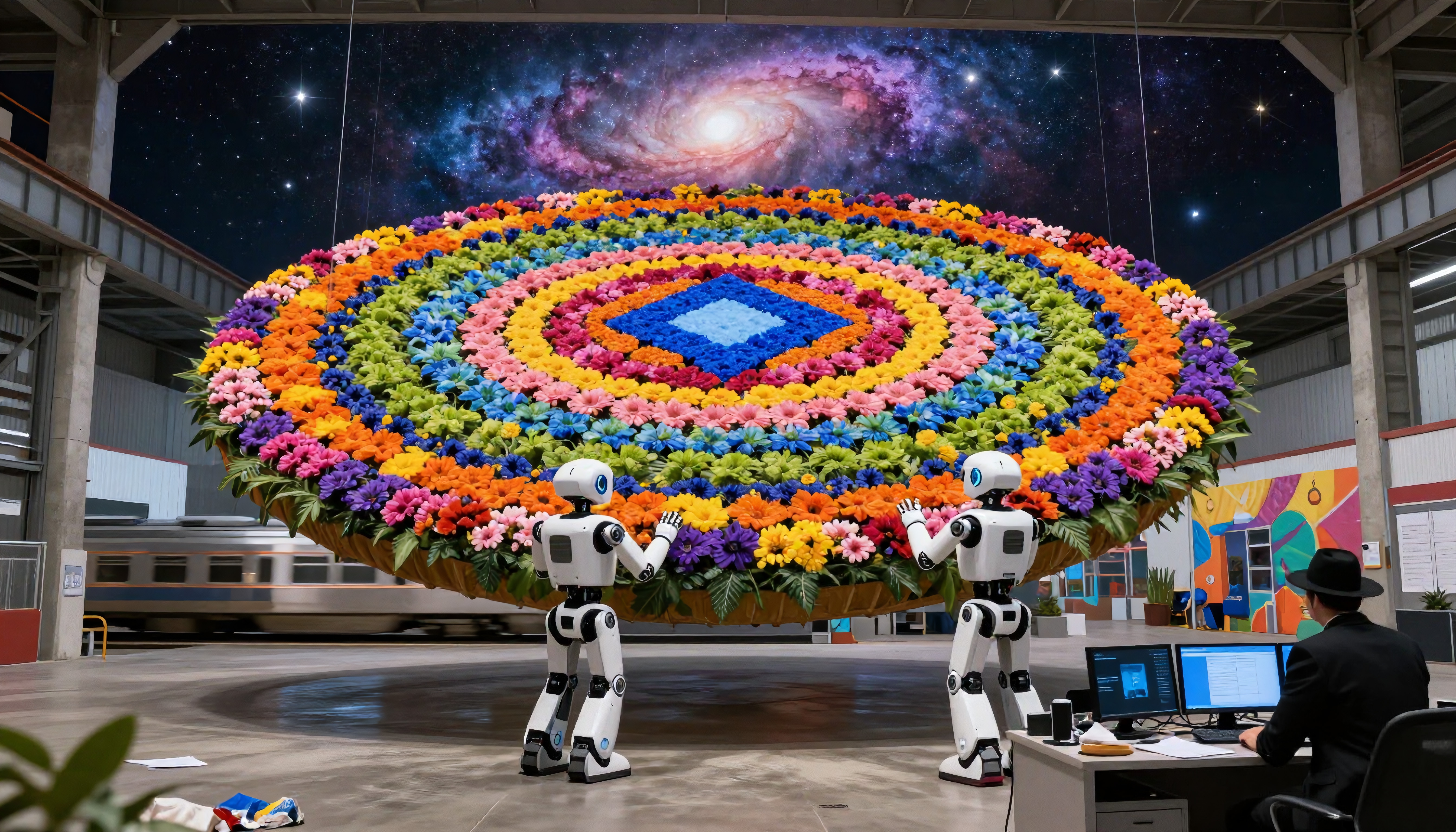 Robots interacting with large floral mandala in futuristic industrial setting.