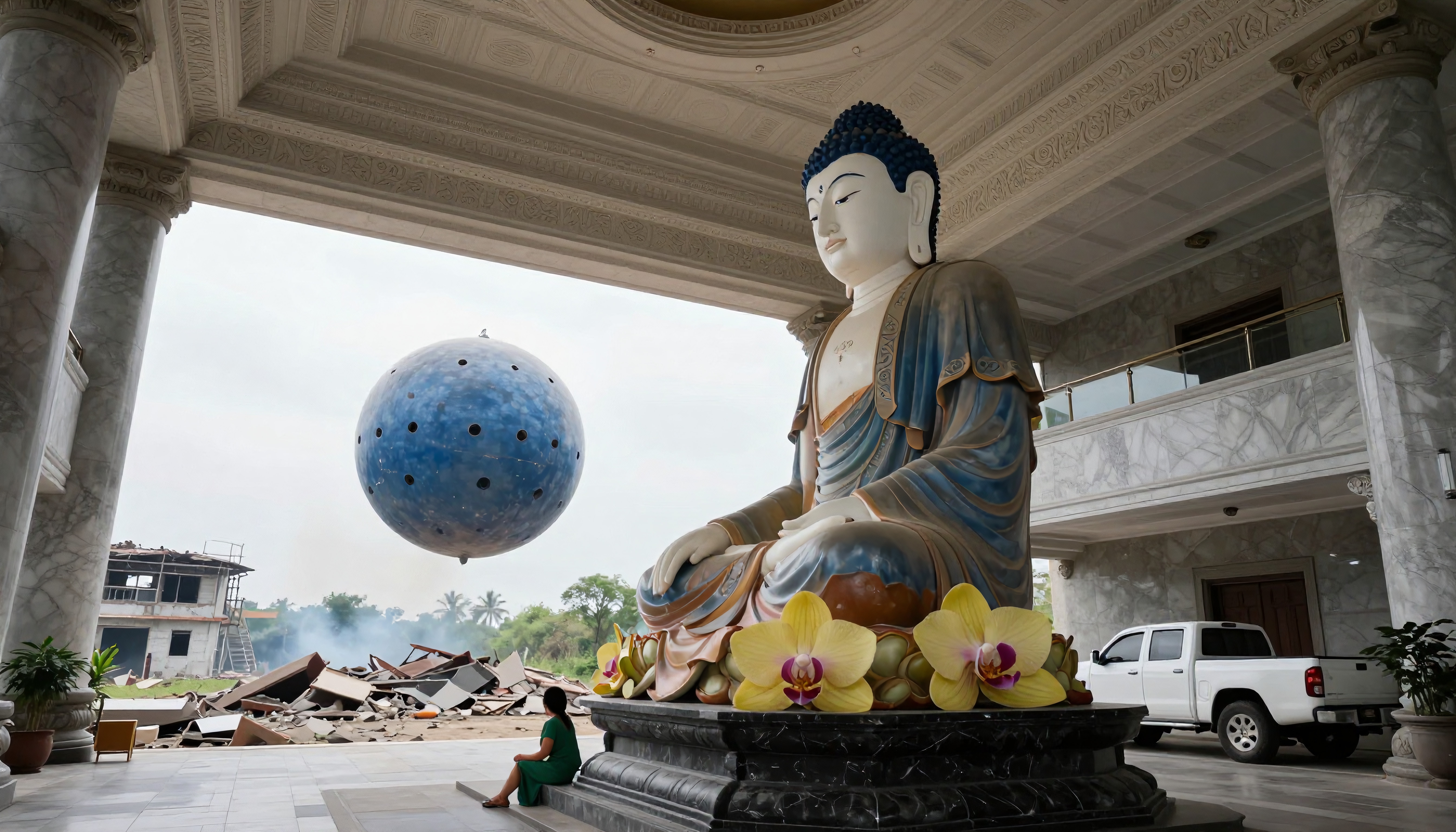 Buddha statue with floating sphere and contrasting rubble.