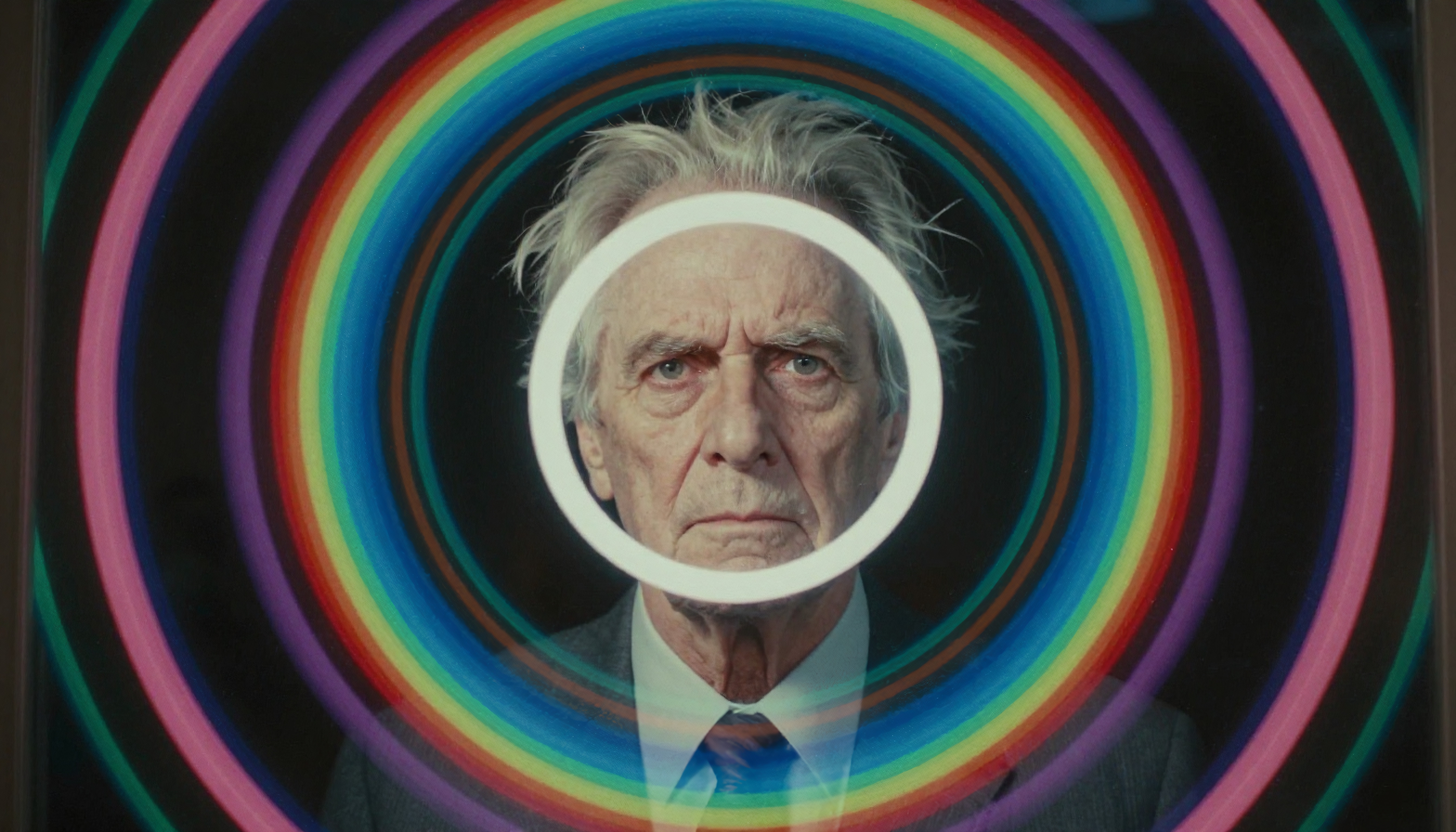 A stern elderly man framed by vibrant concentric circles against a dark background.