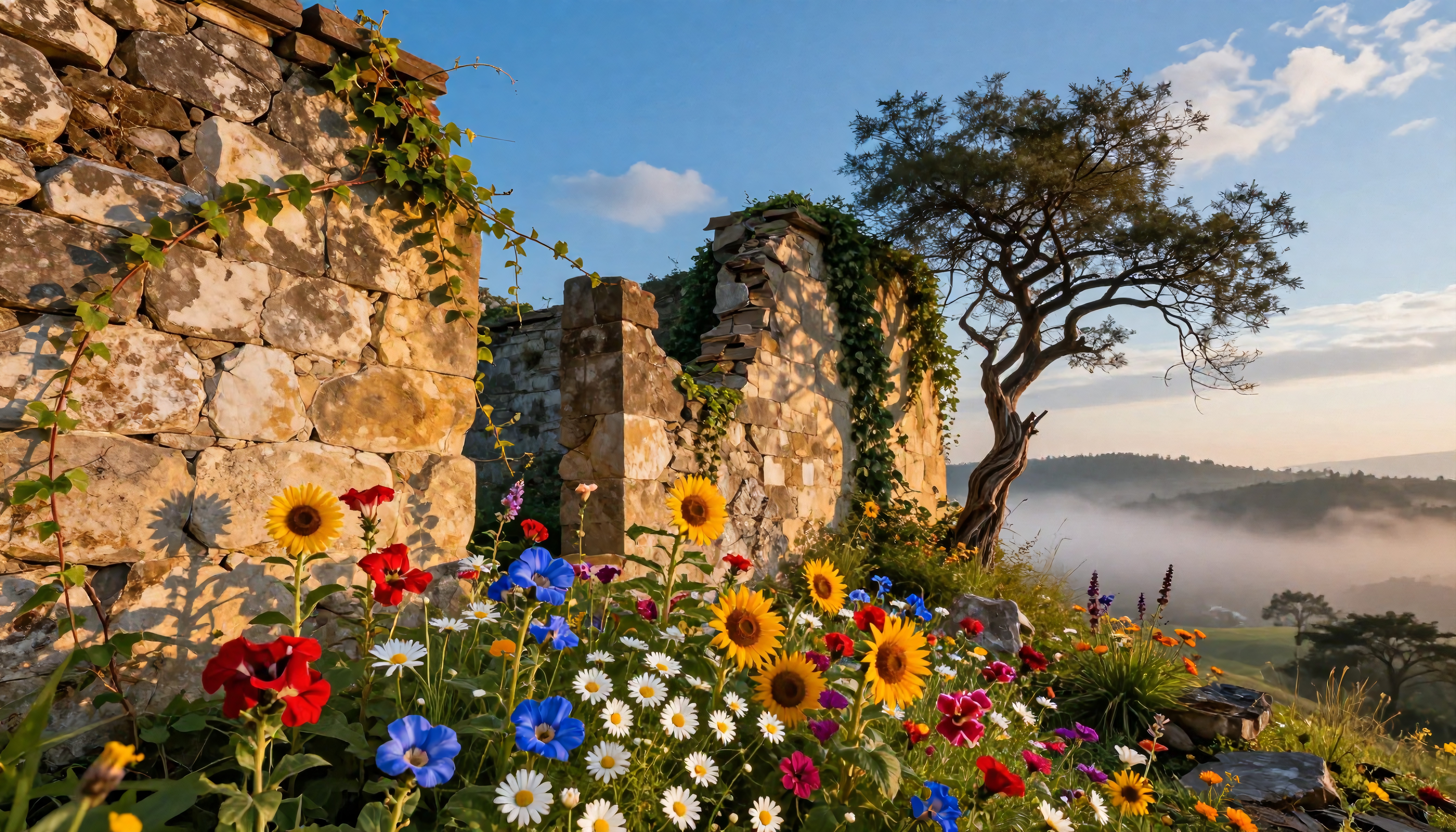 A scenic view of vibrant wildflowers beside an ivy-covered stone wall with a misty valley in the background.