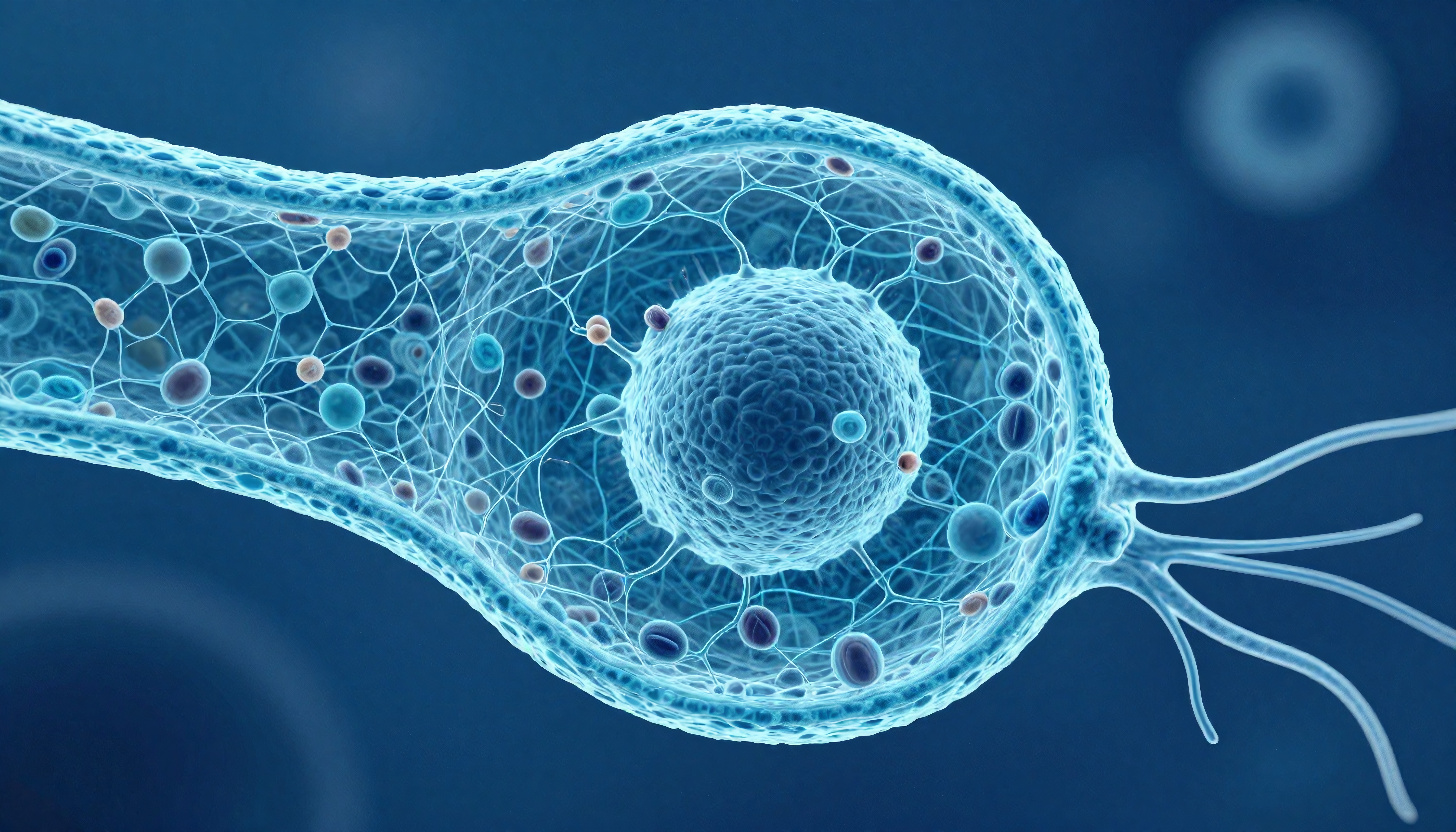 Detailed illustration of a complex biological cell structure.