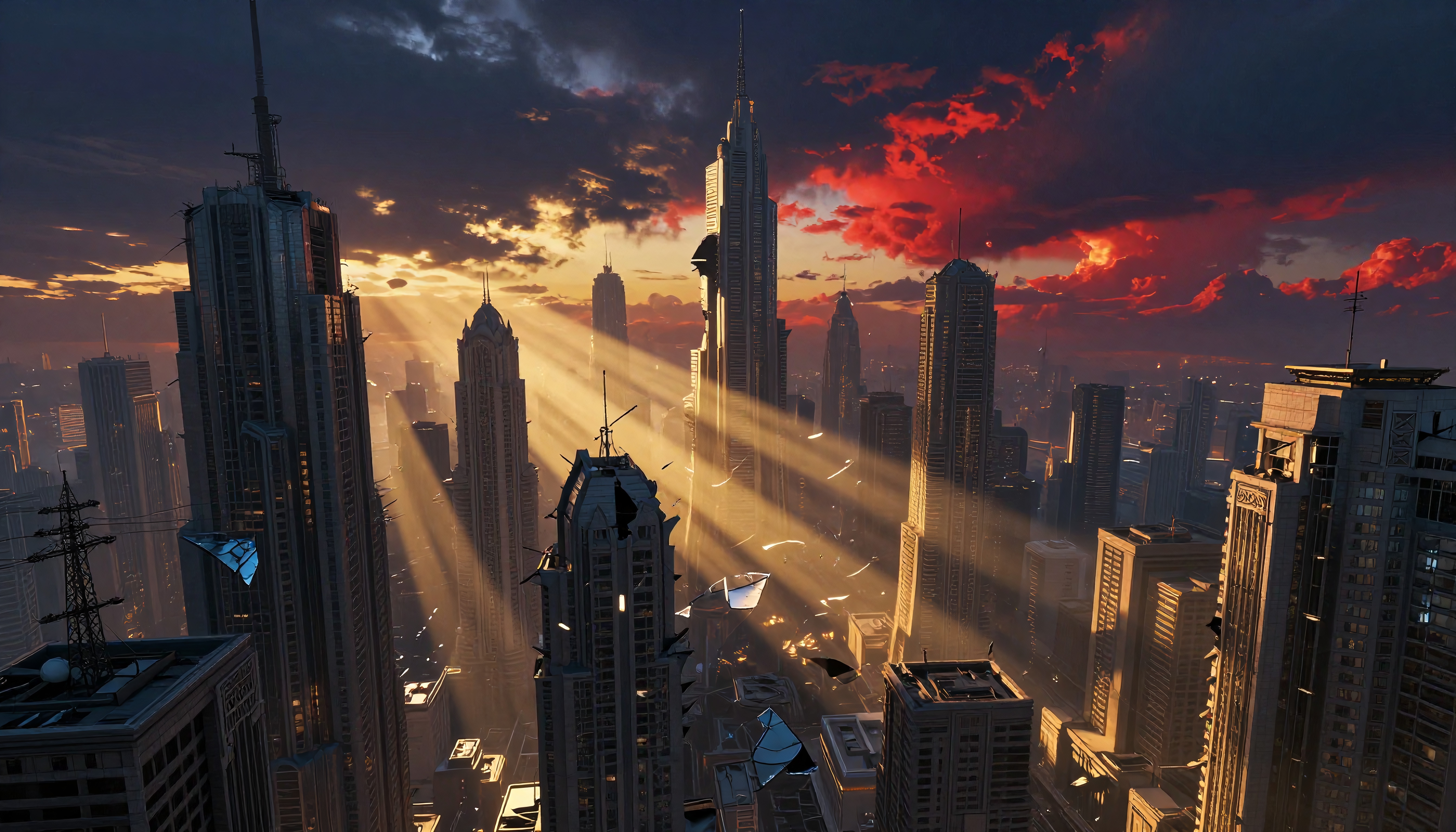 Futuristic cityscape with dramatic sunset.