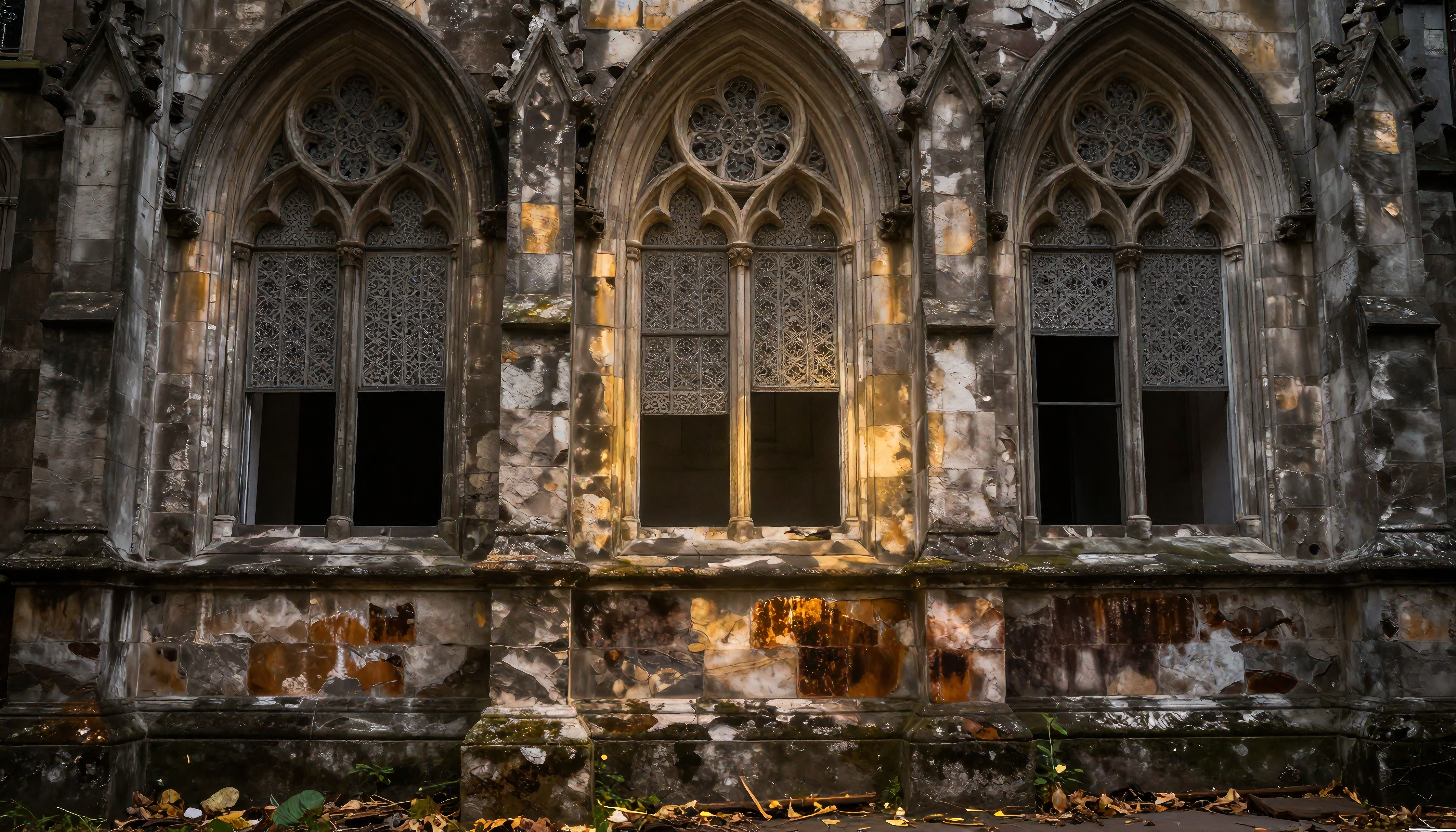 Aged Gothic windows on a stone building with intricate latticework.