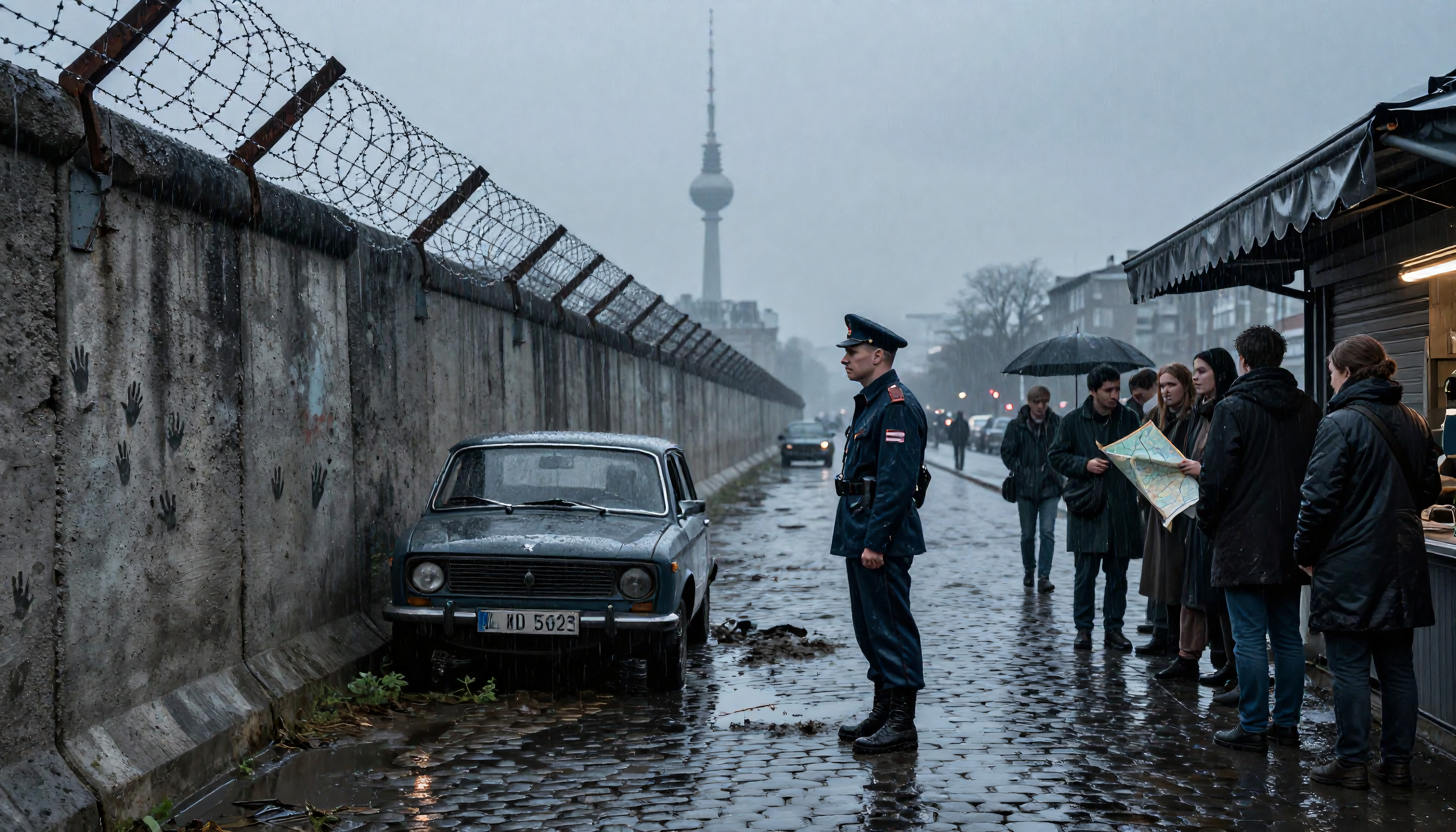 Berlin Wall with barbed wire, guard, vintage car, people map umbrella, TV tower rainy day