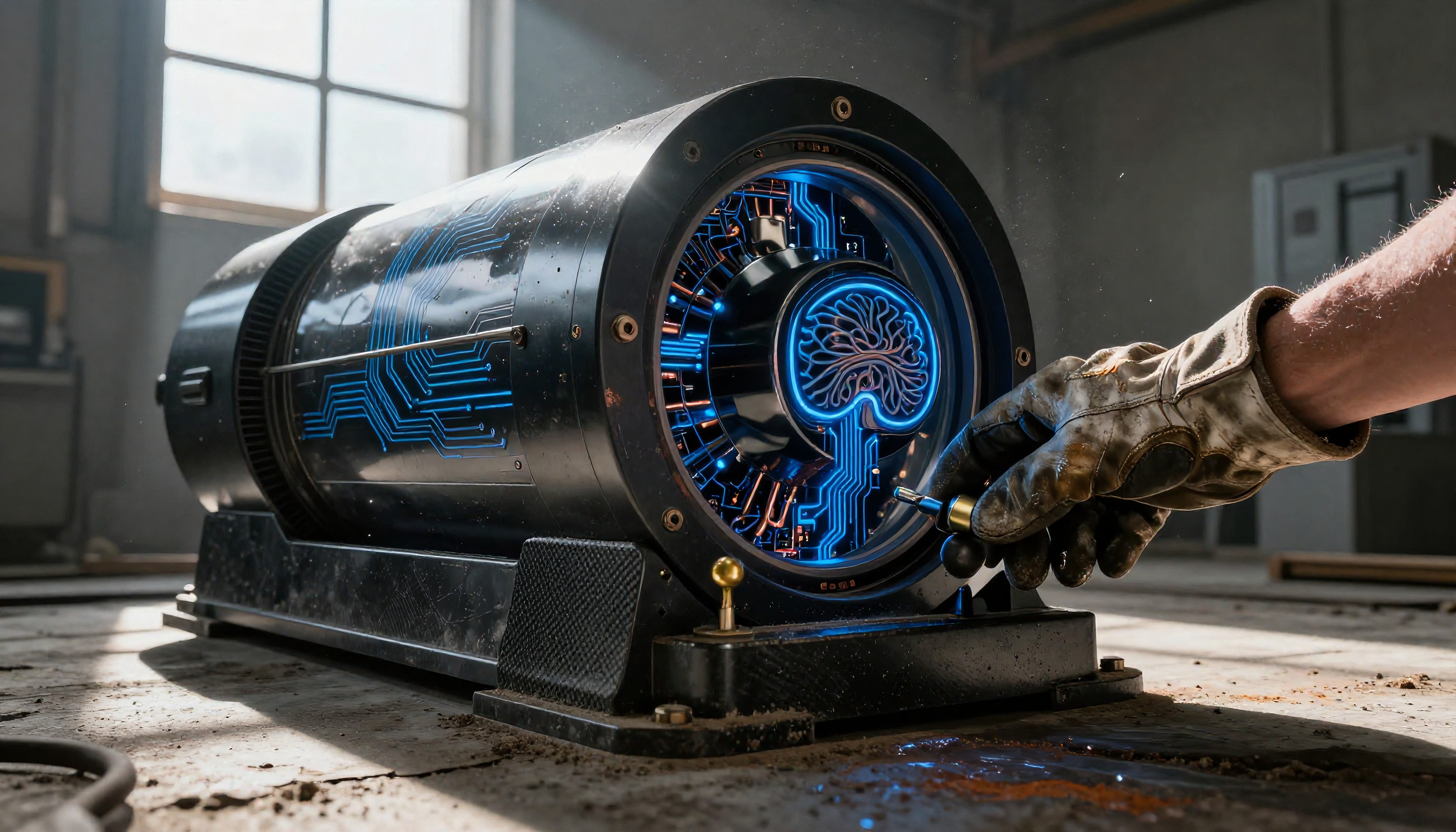 A high-tech cylindrical machine with glowing circuitry in a sunlit industrial workshop, depicting a fusion of modern innovation and traditional craftsmanship.