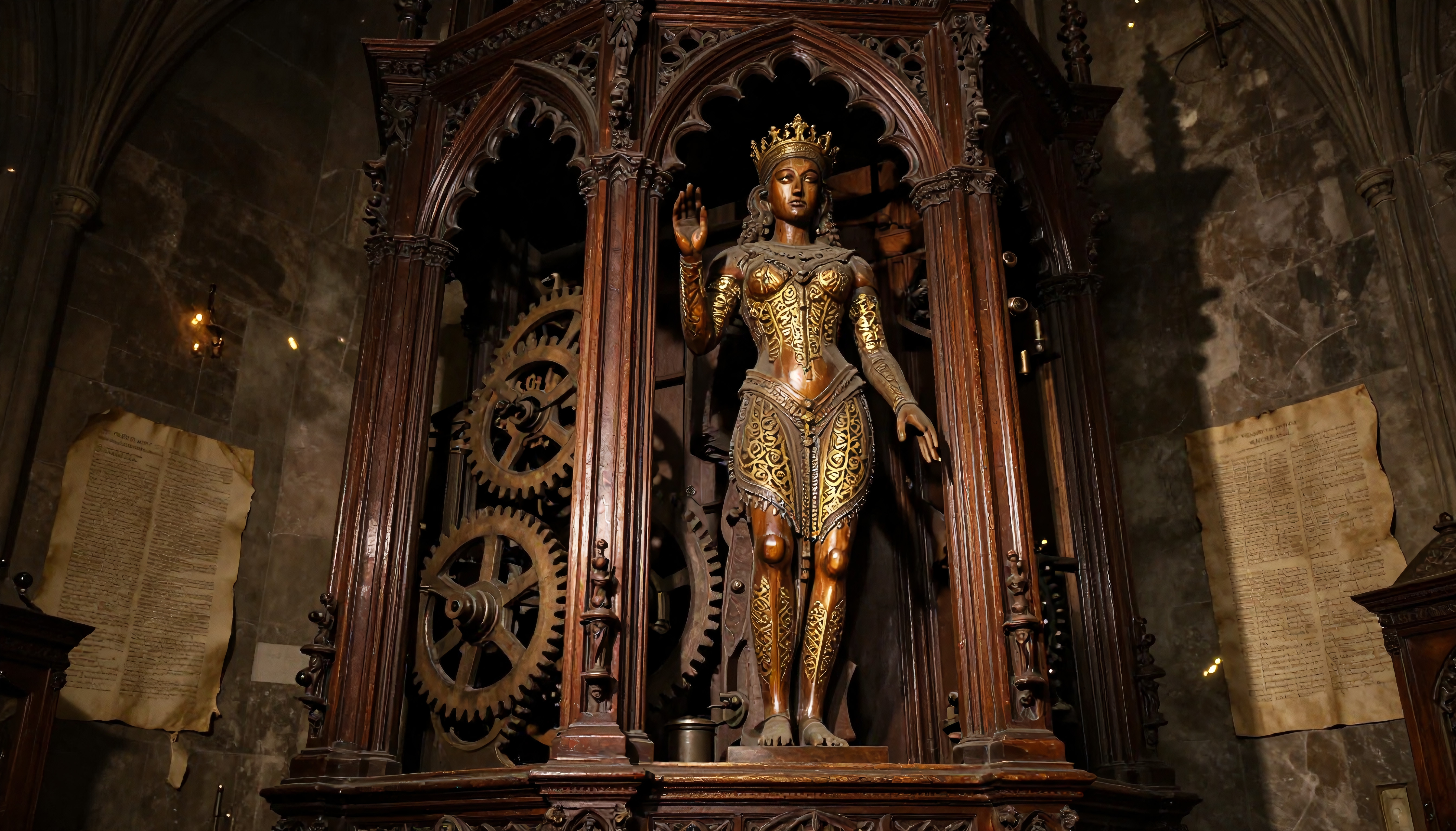 A mechanical sculpture of a woman with intricate golden patterns enclosed in an ornate wooden frame with large gears in an antique setting.