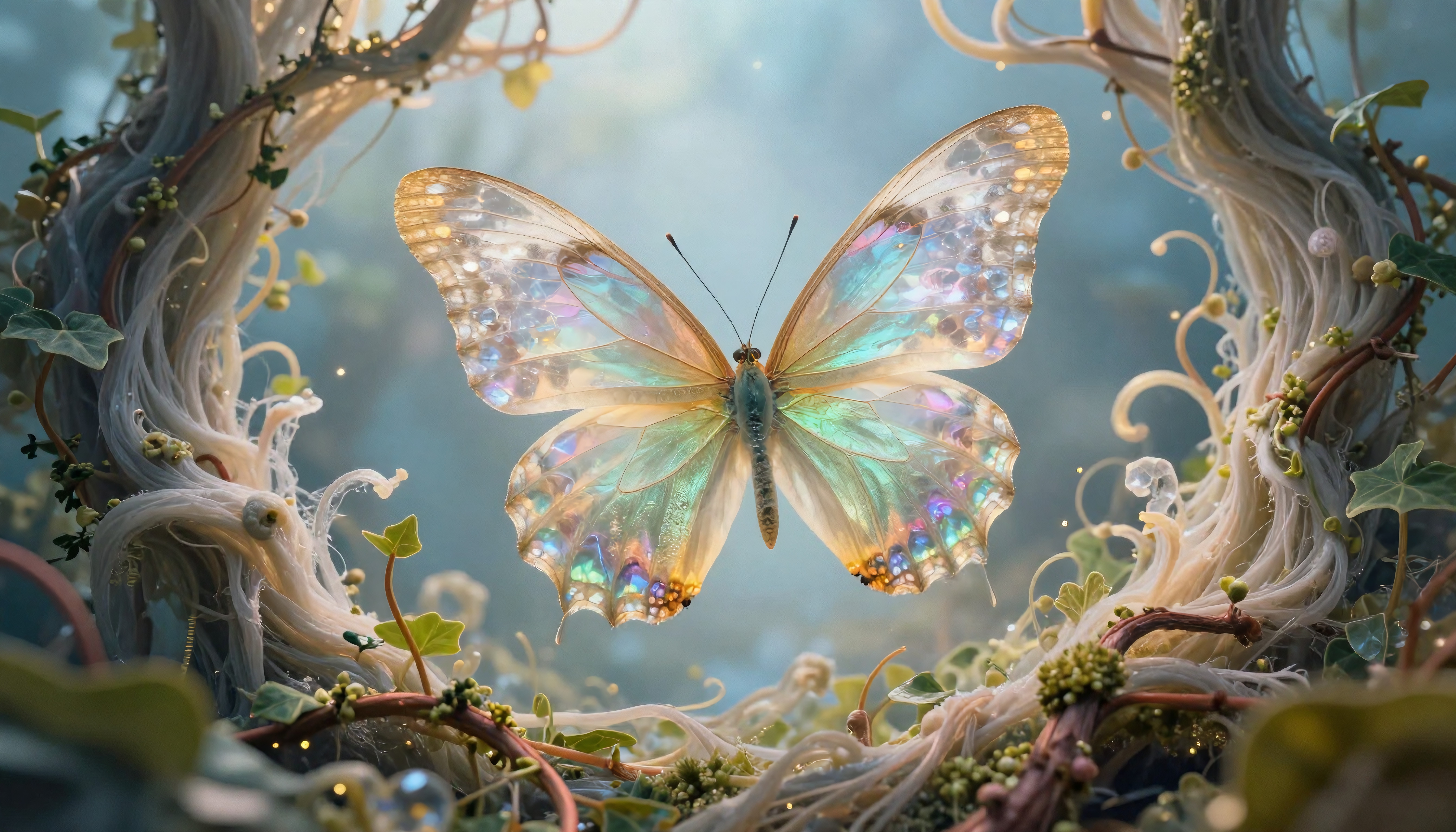 A stunning iridescent butterfly surrounded by twisting vines in a magical forest setting.