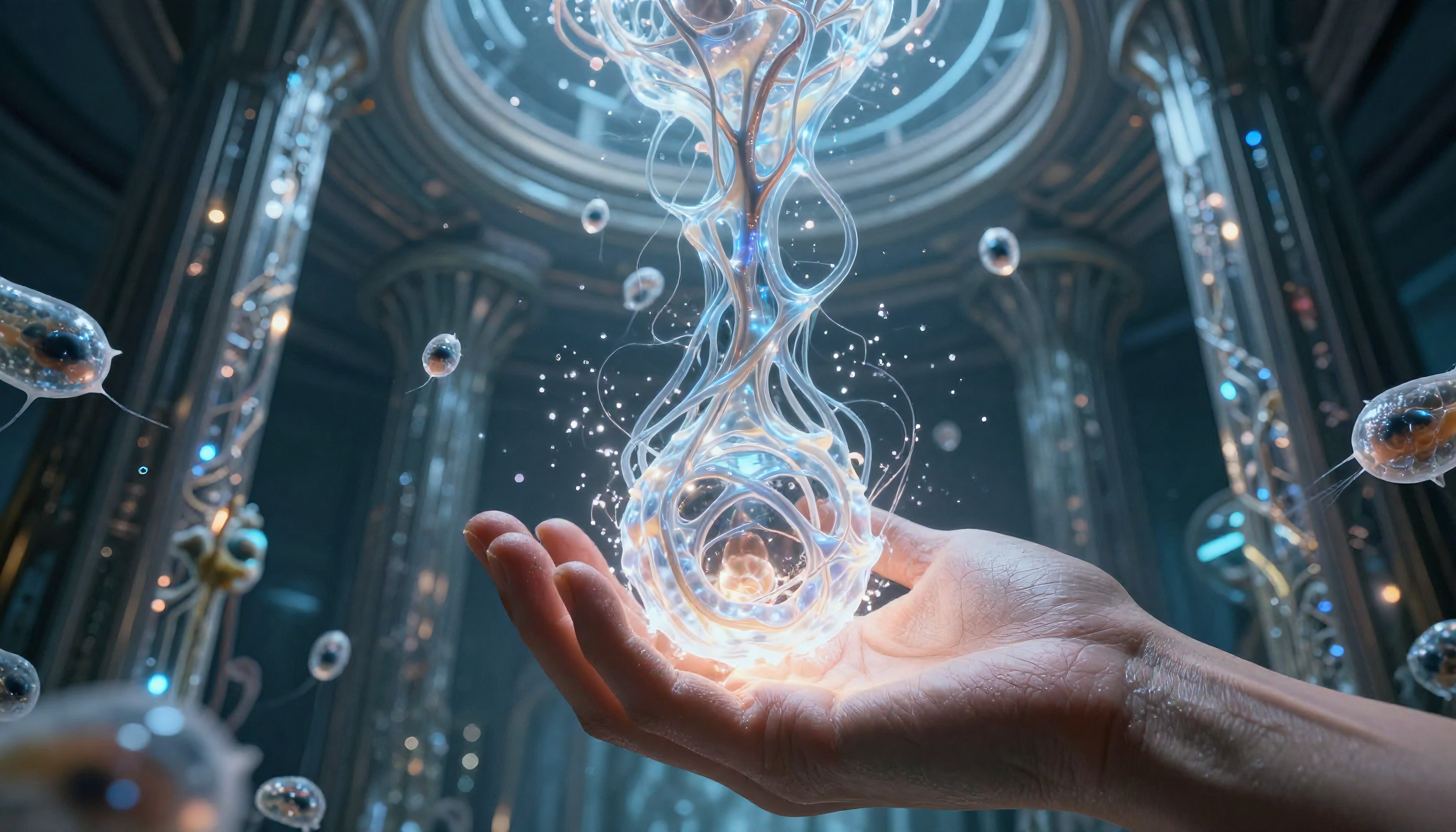 Human hand holding glowing mystical energy orb in futuristic sacred hall