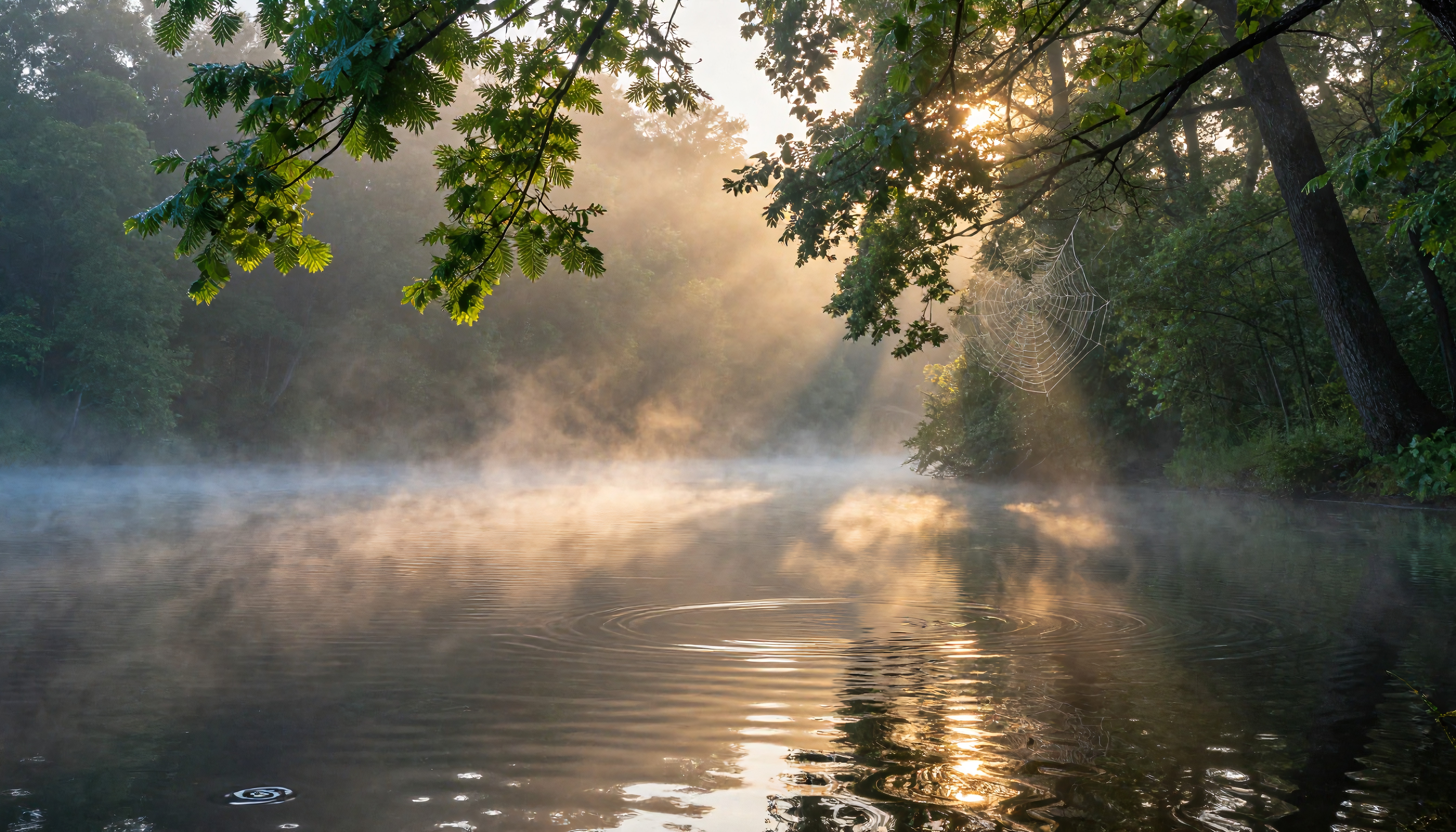 A misty forest lake at sunrise with sunlight filtering through leaves and a spider web reflecting in the water.