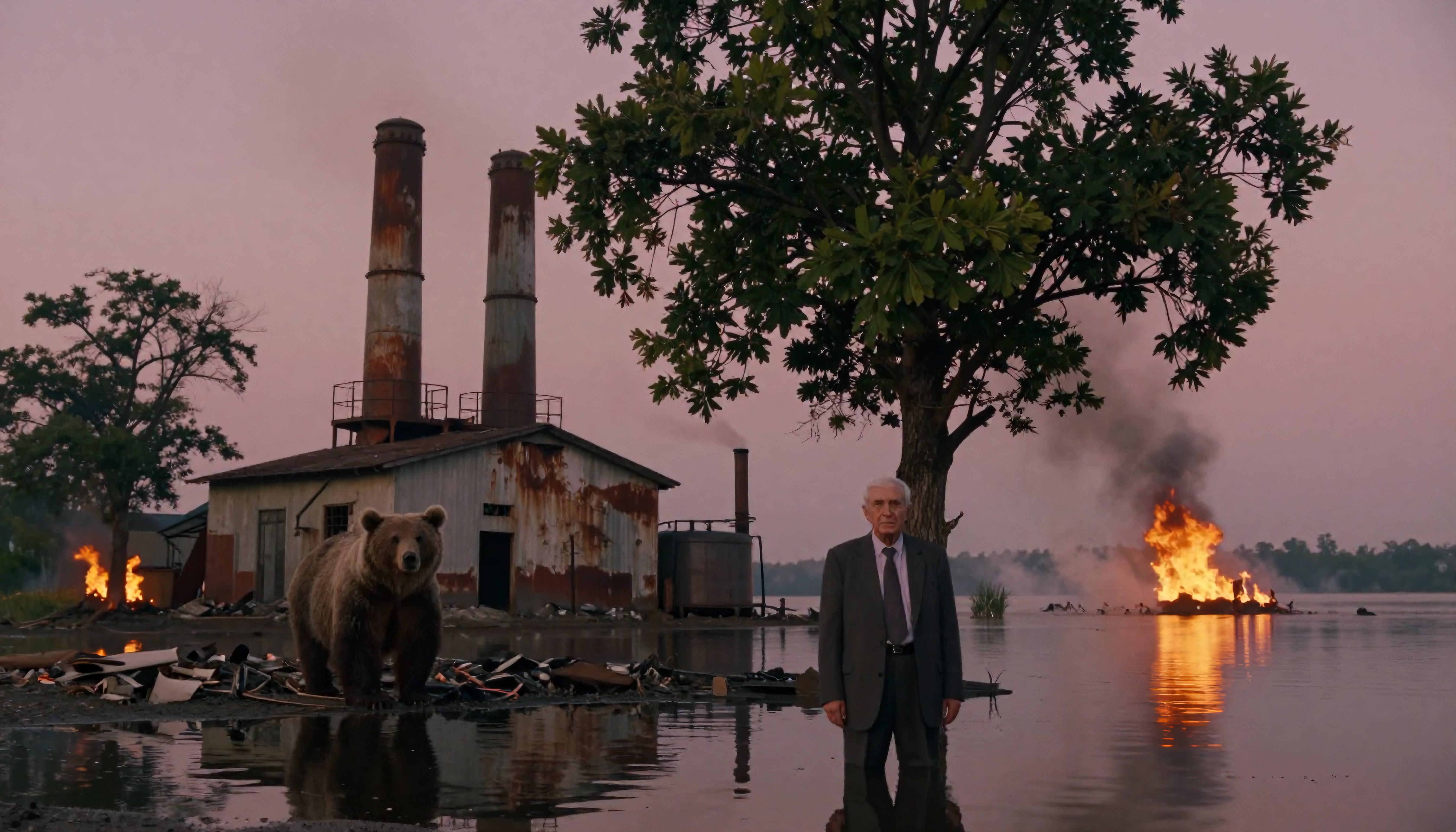 Man in suit with bear and fire by industrial building against dusky sky.