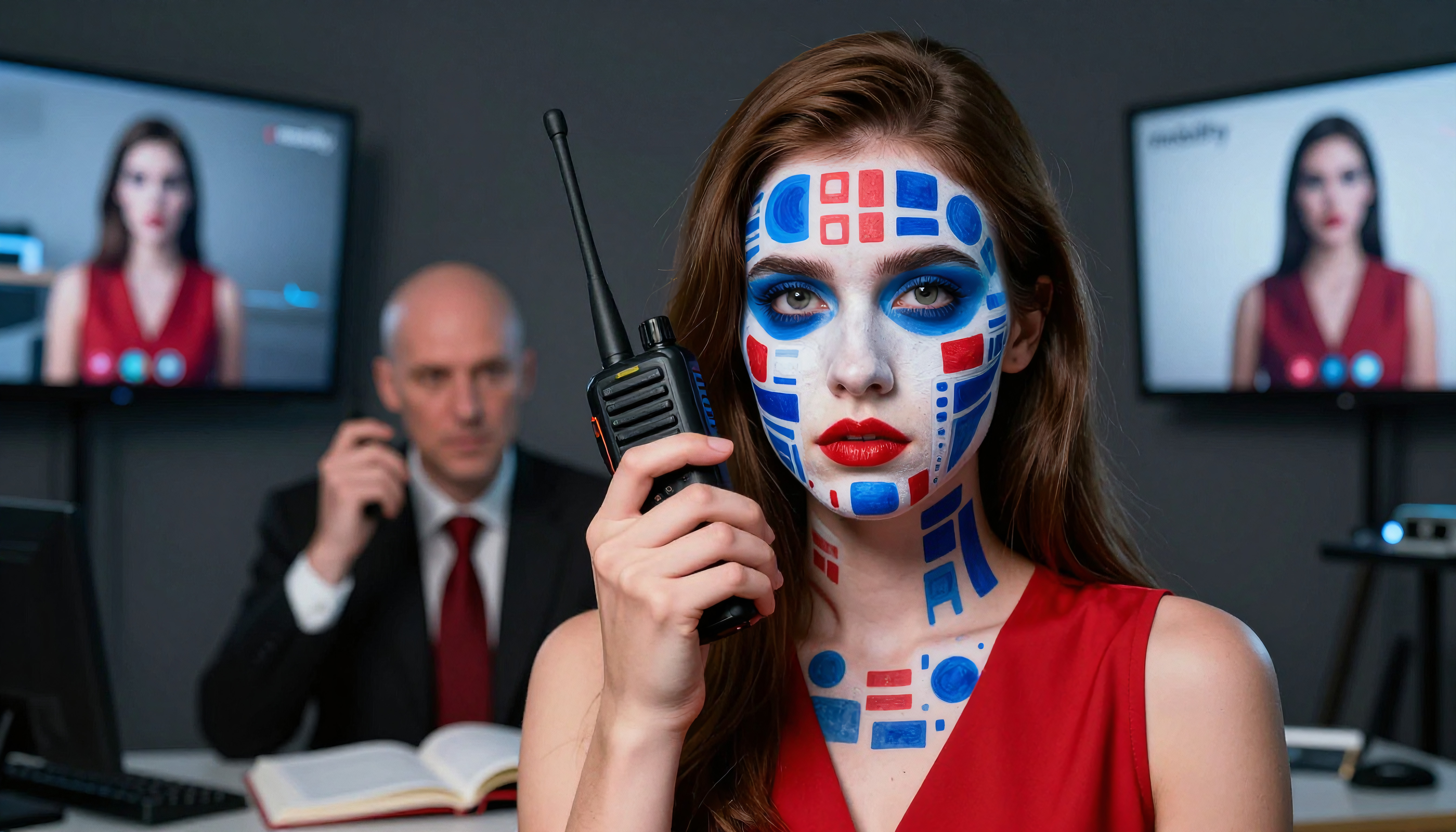 Woman with blue red face paint holding walkie-talkie in office with video call monitors