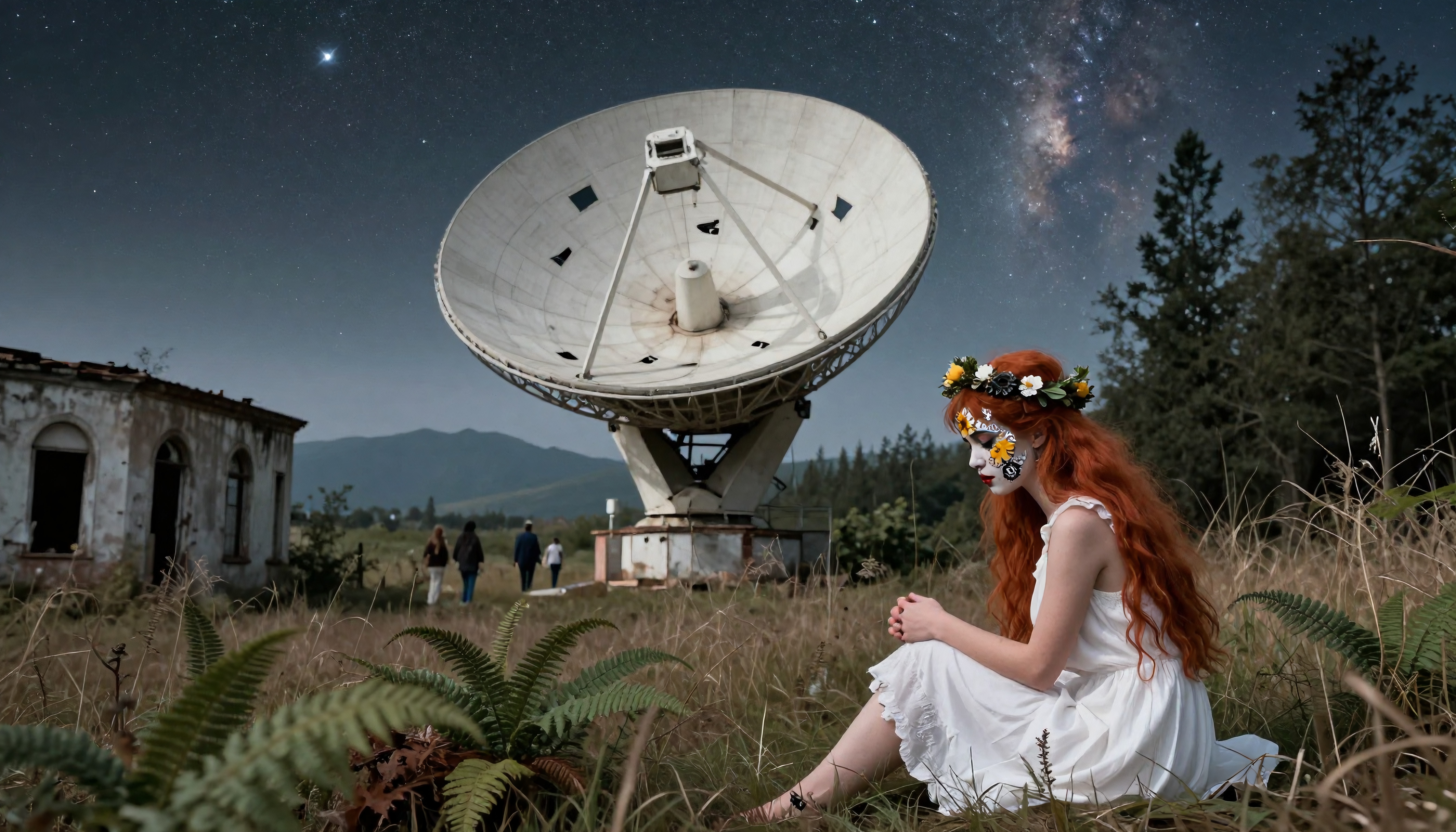 A woman in a field with a satellite dish and starry night sky backdrop.