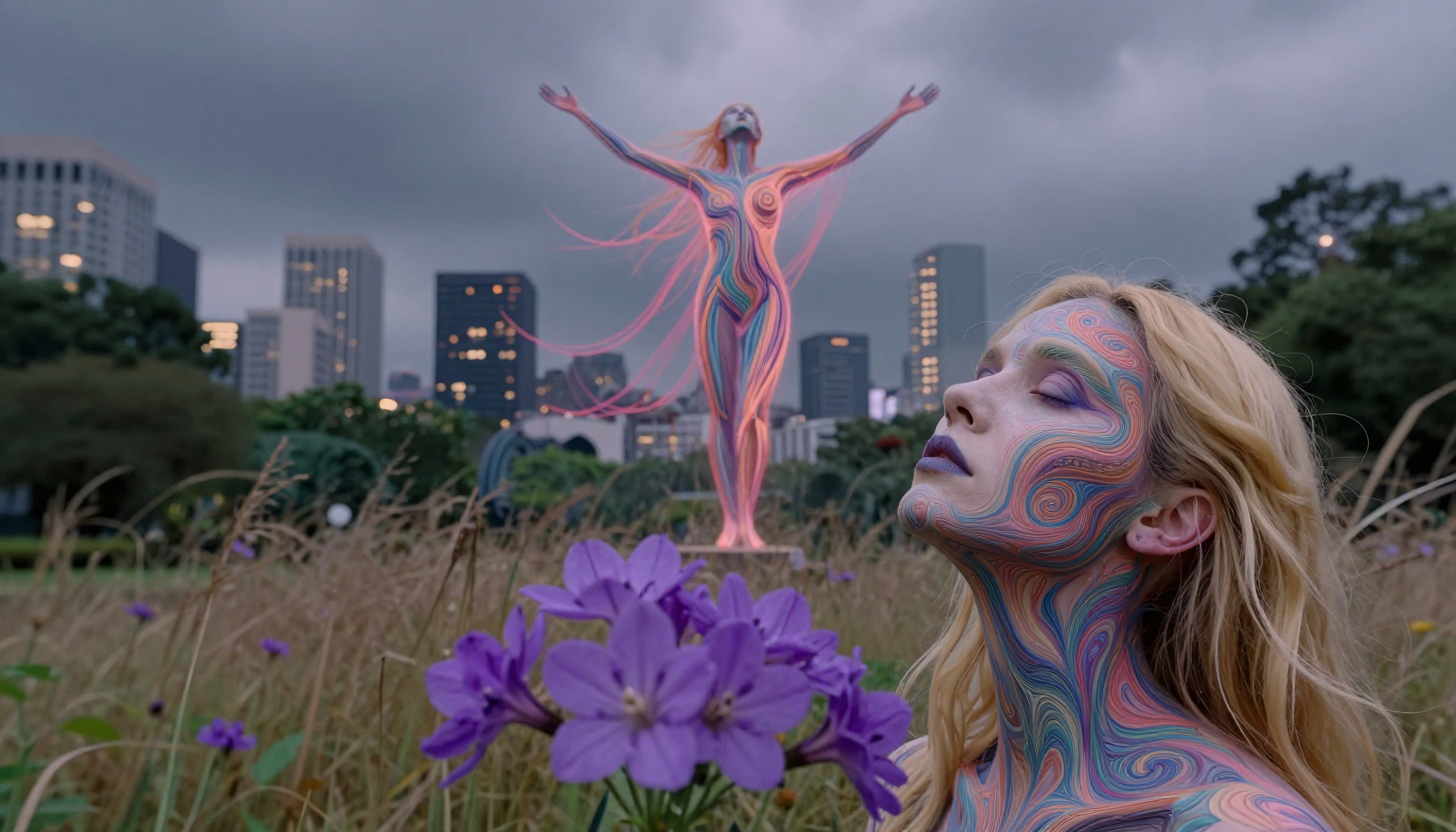 A woman painted in vibrant colors with an ethereal figure, set against a cityscape with purple flowers in the foreground.