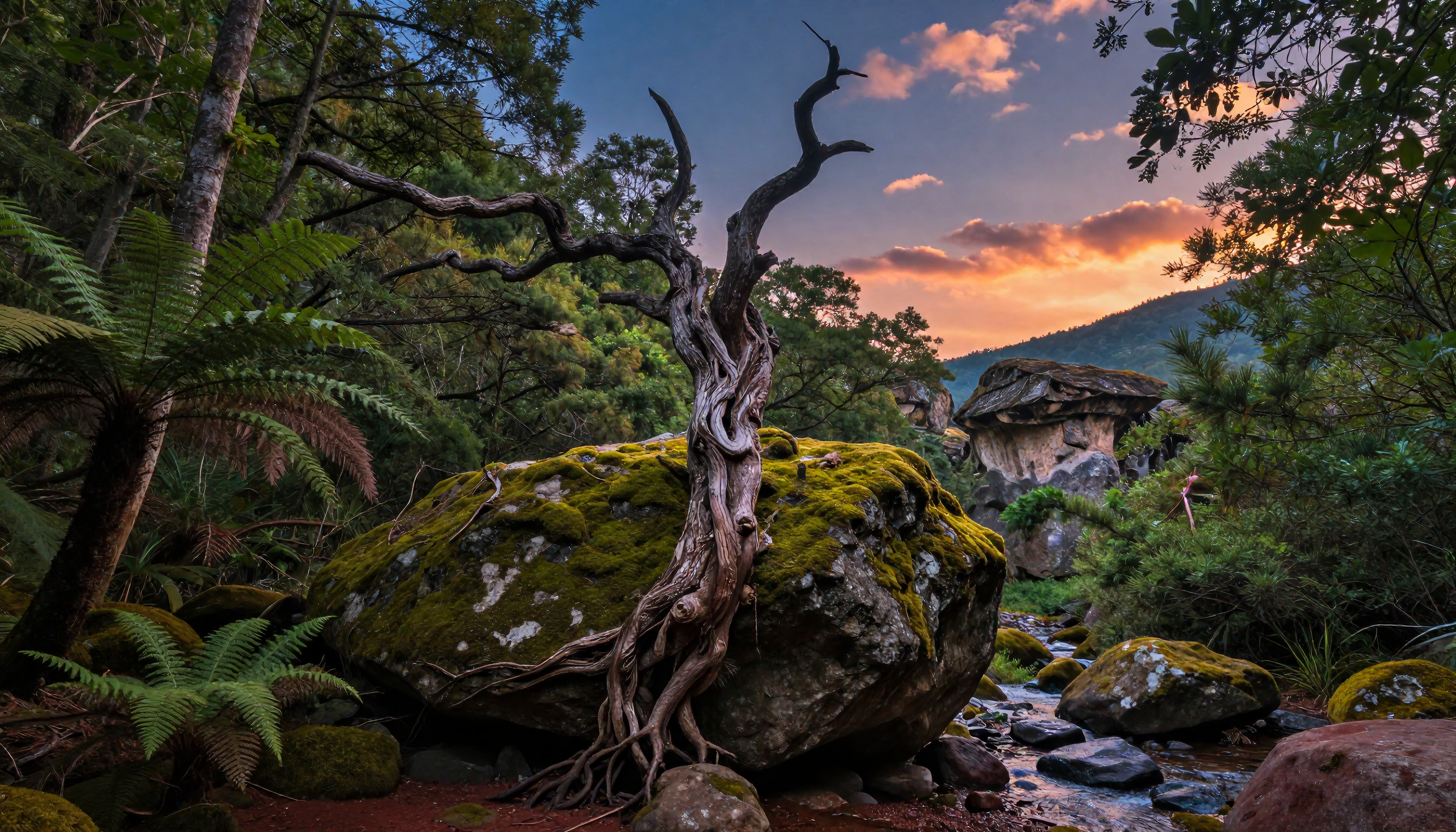 A twisted tree and moss-covered rock in a lush forest at sunset.