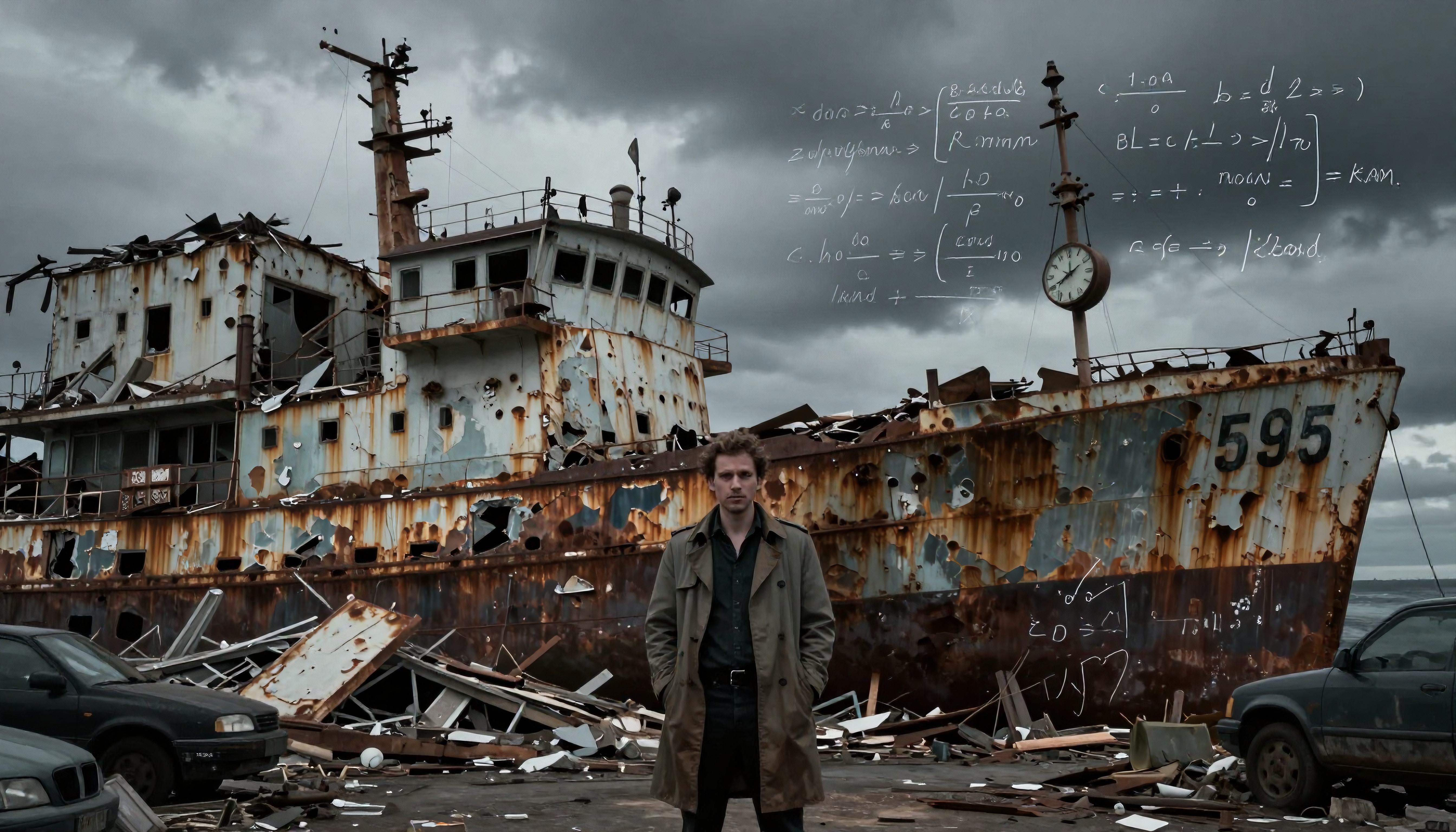 A lone man stands amid shipwreck ruins under a cloudy sky.