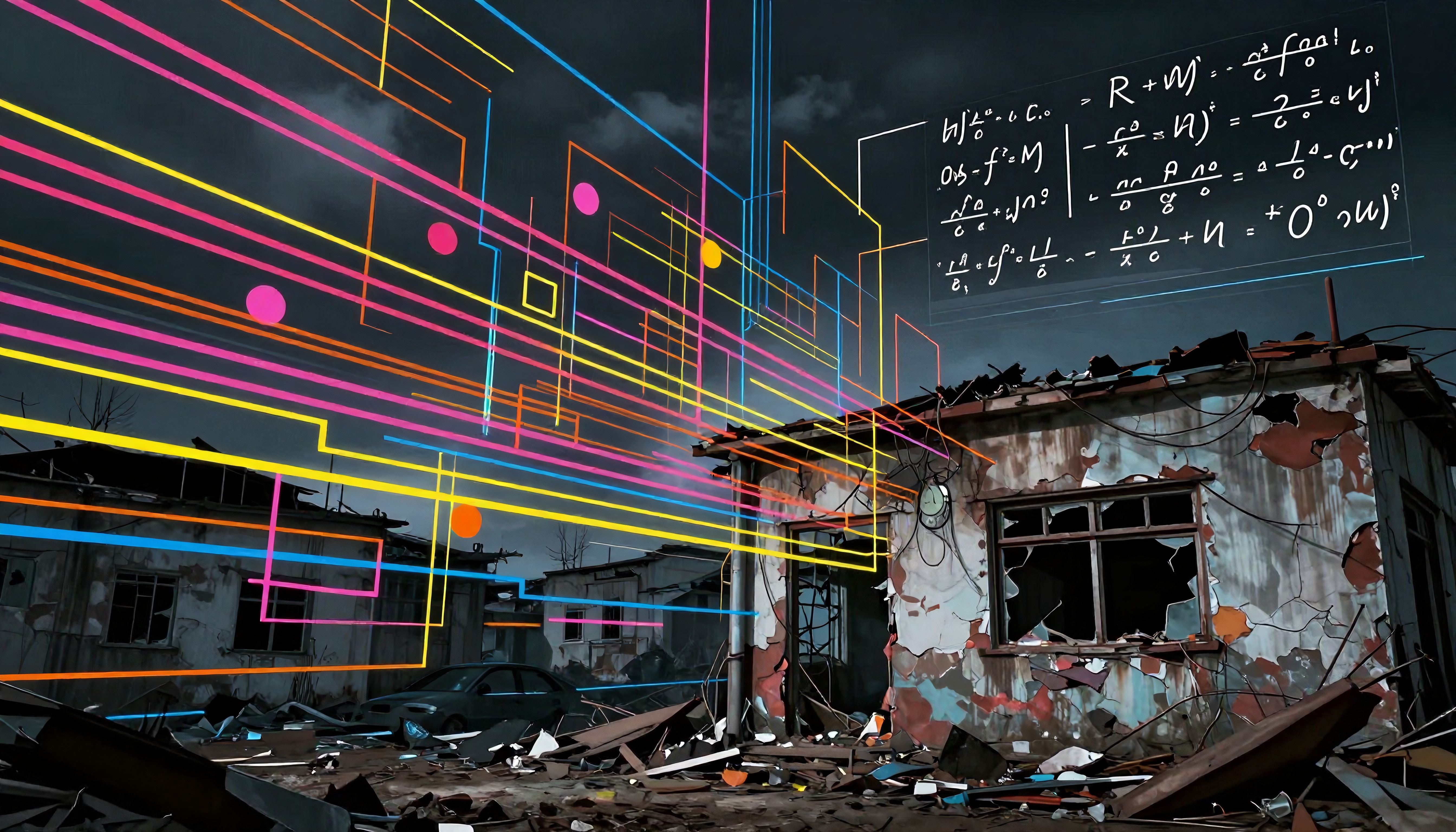 An abandoned building with futuristic neon overlays and mathematical equations create a contrast against a dark, foreboding sky.