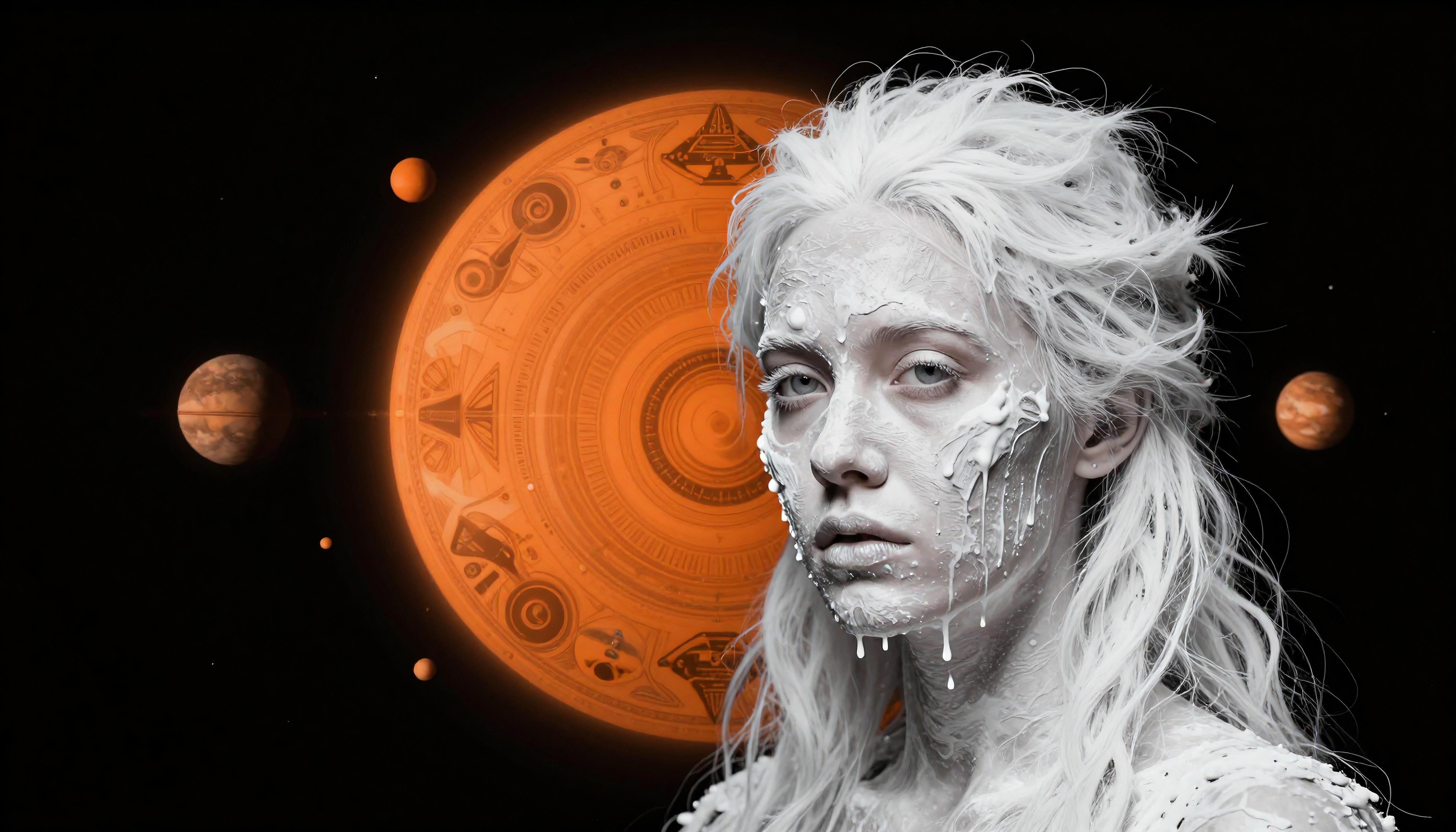 A mystical scene depicting a woman with white paint surrounded by planets, highlighting cosmic beauty.