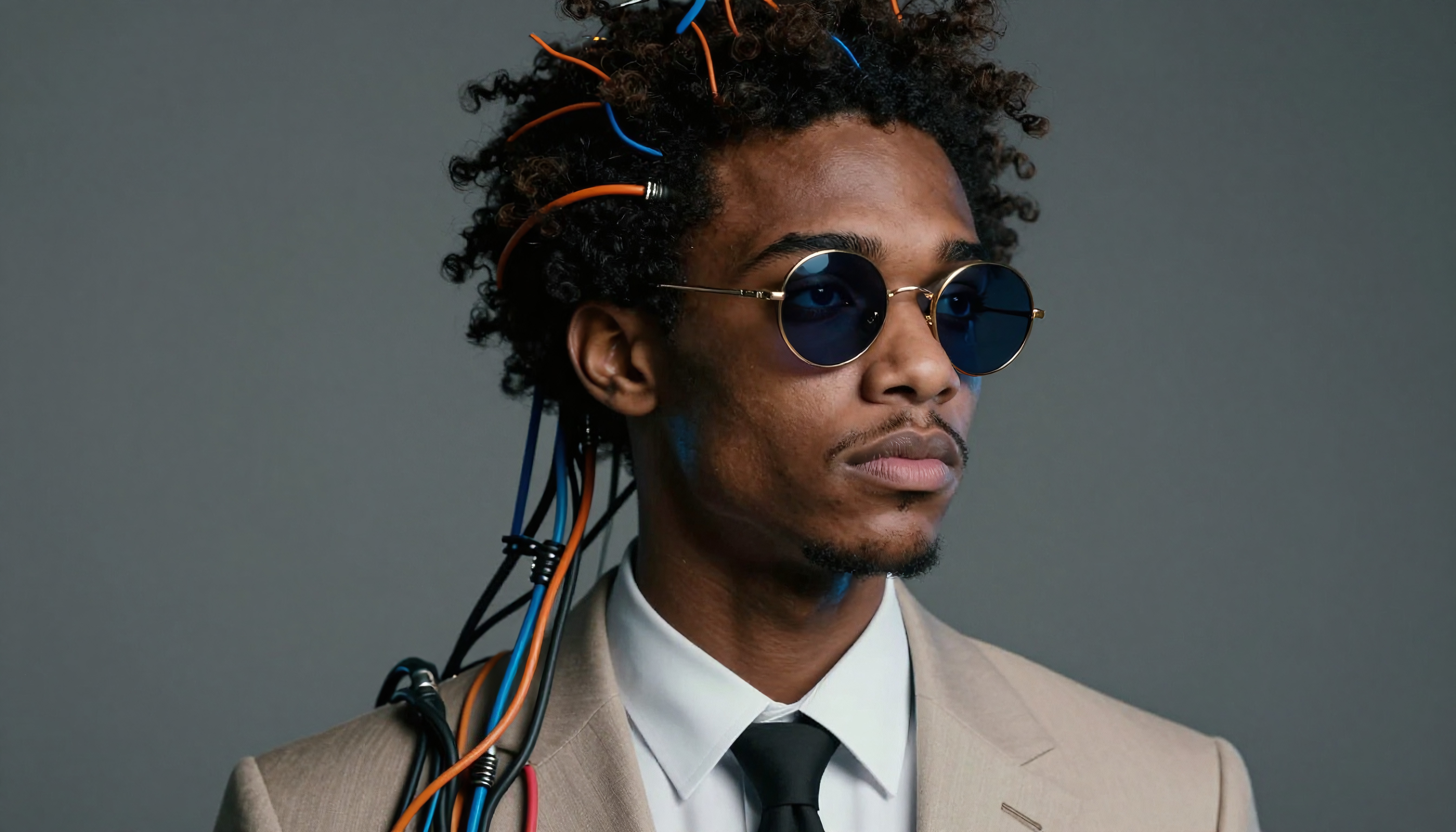 A man in a beige suit with wired hair and sunglasses.