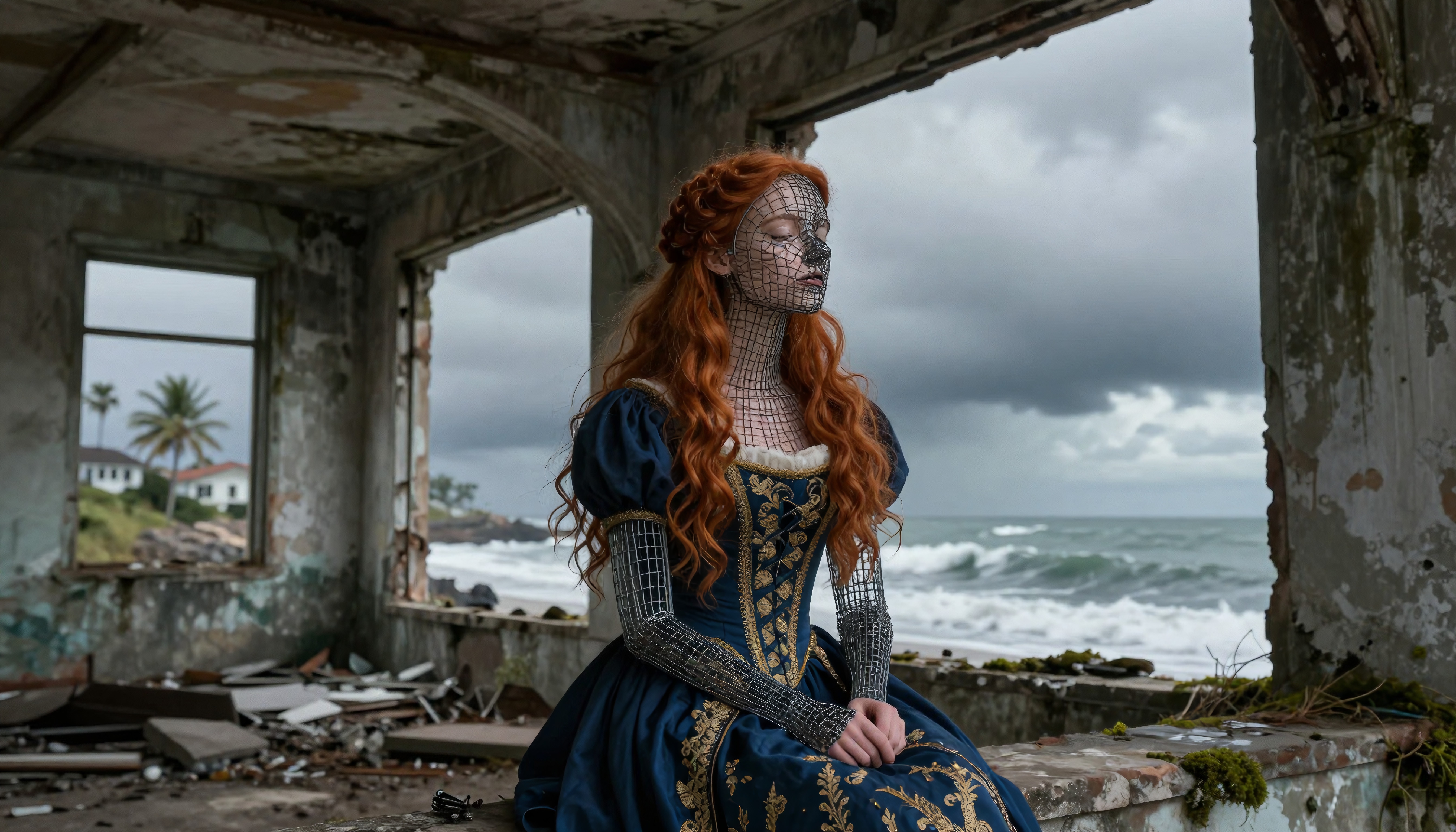 A woman in a blue and gold dress with mesh decoration sits in abandoned ruins by the sea on a cloudy day.