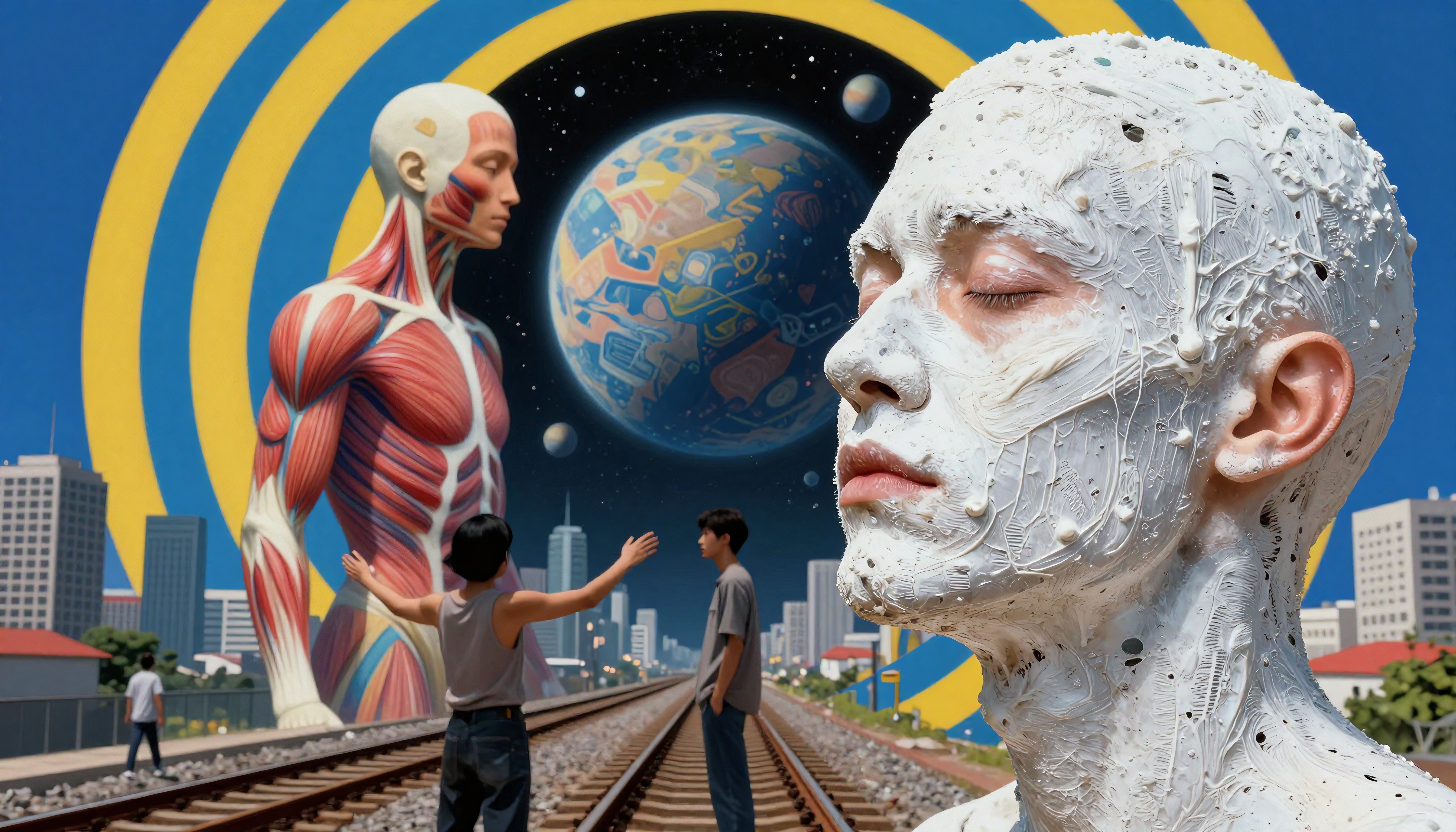 A surreal artwork featuring a white-masked figure, anatomical illustration, and cityscape along railway tracks.