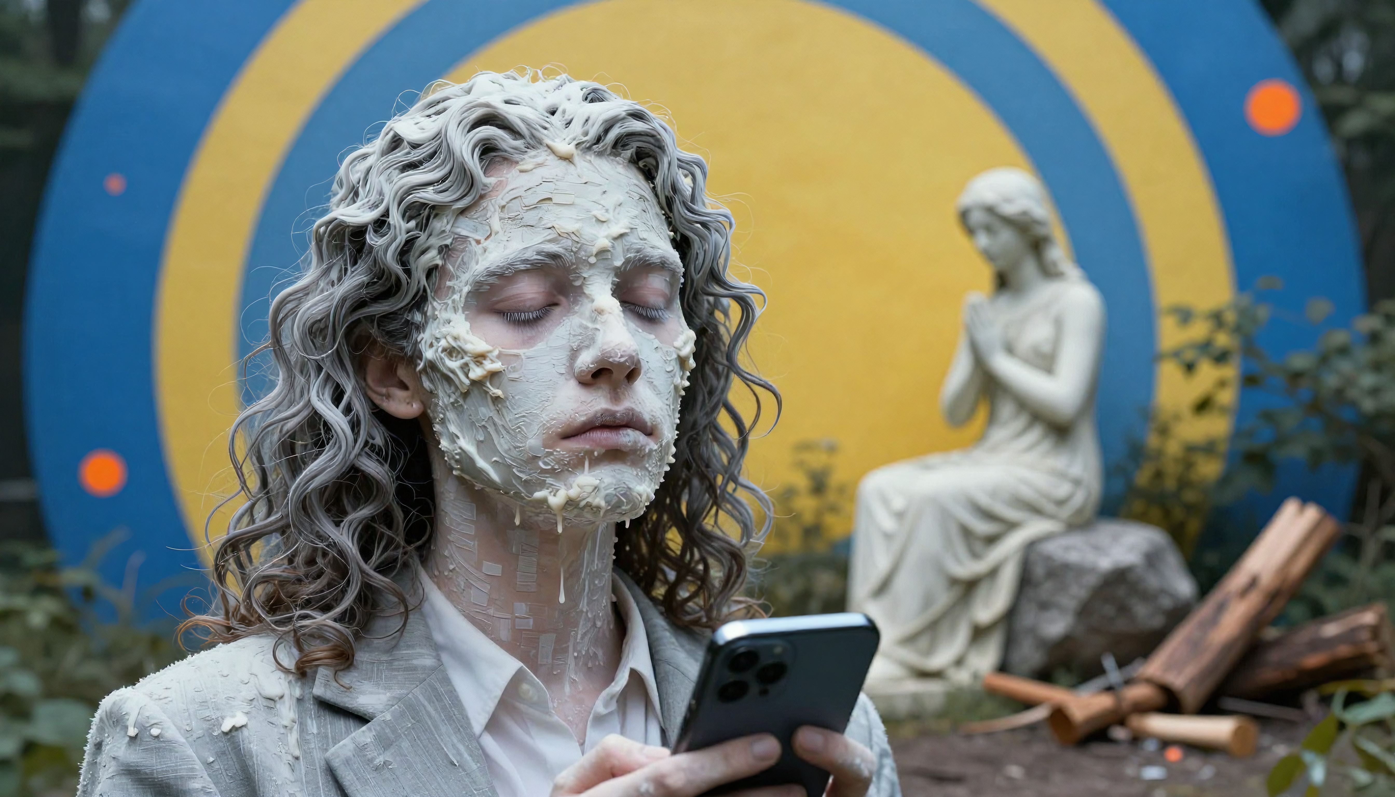A person in clay mask uses a smartphone, statue in background.