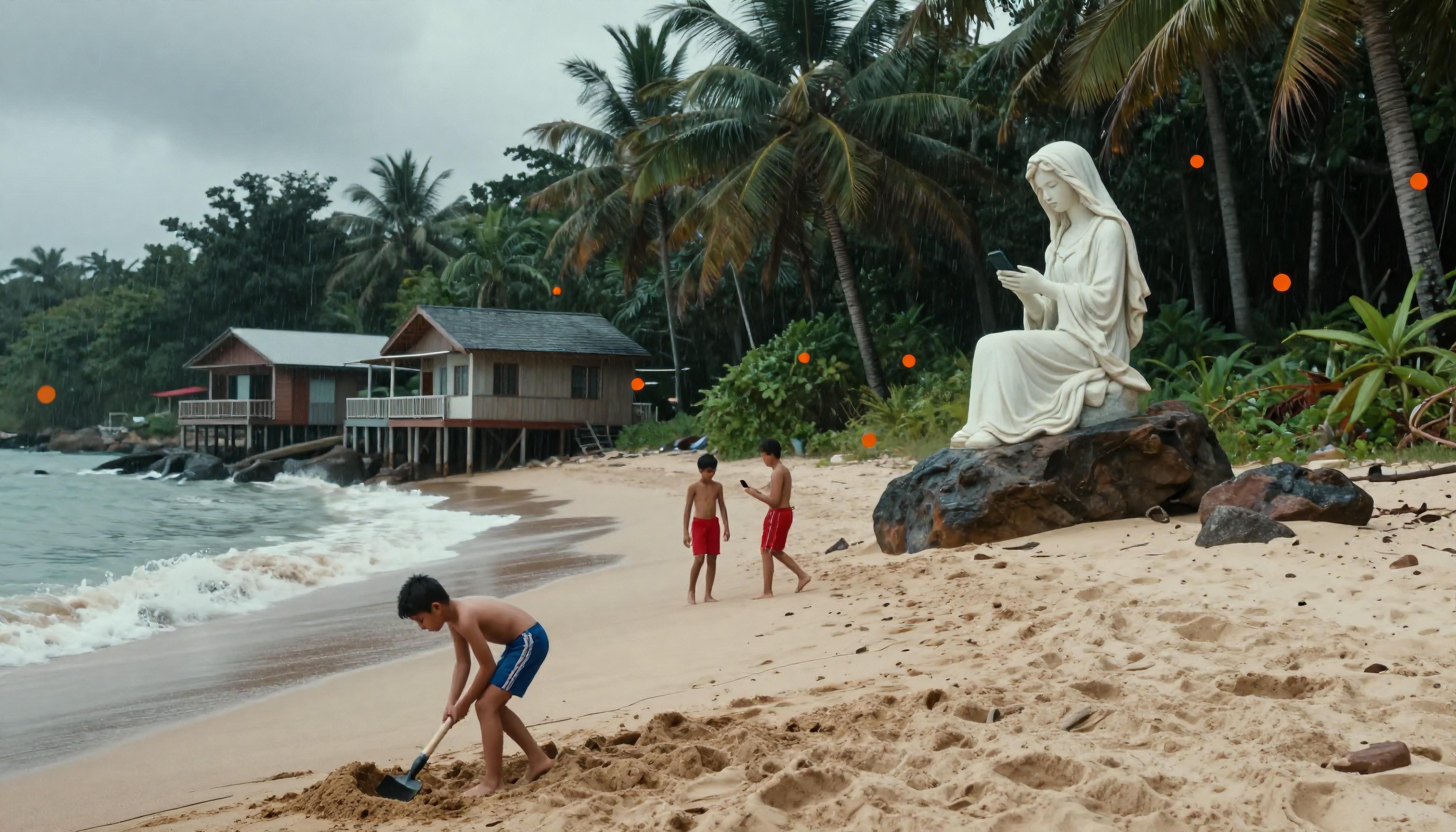 Three children playing on tropical beach shore with statue.
