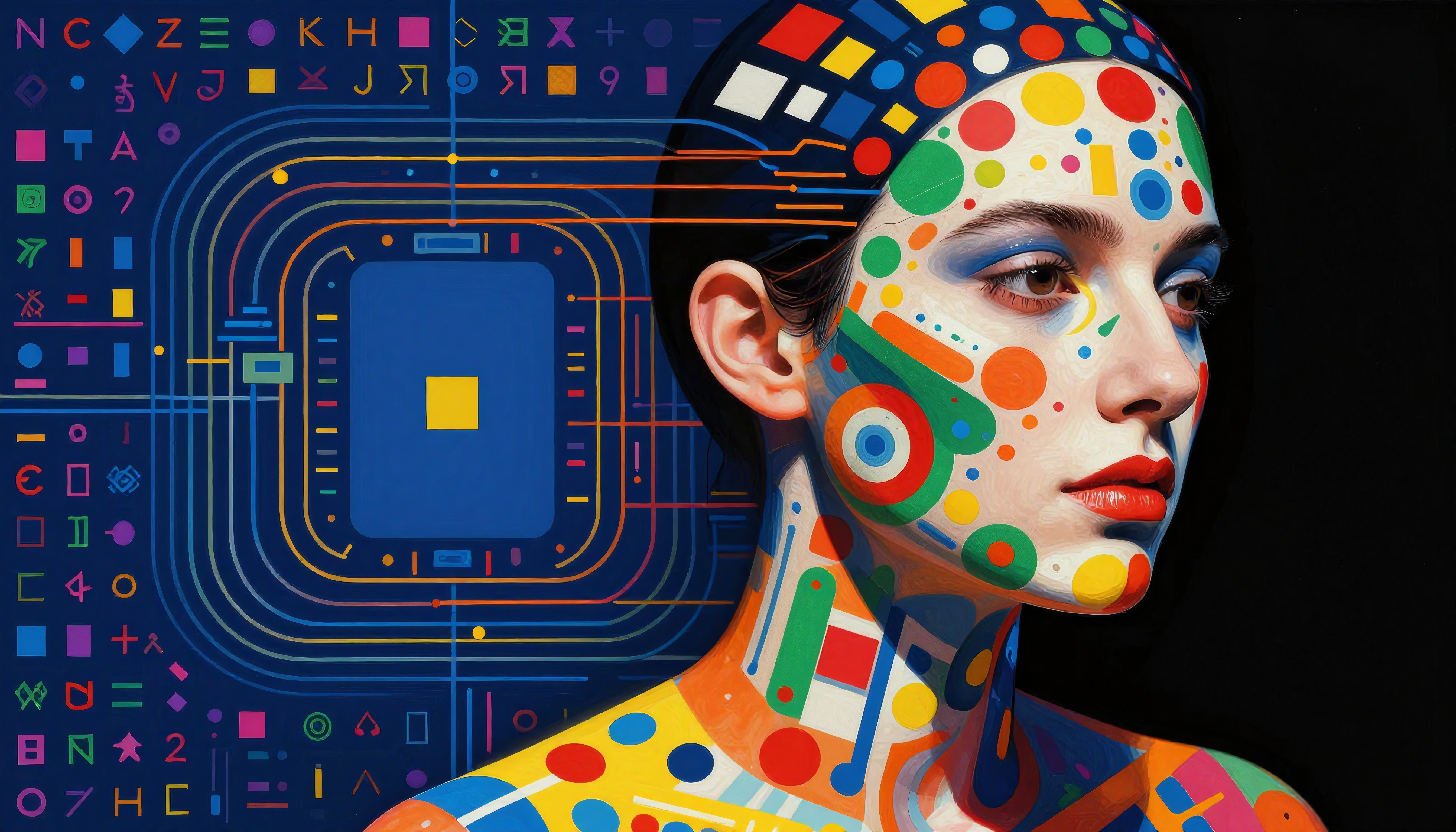 Vibrant geometric portrait blending technology and humanity.