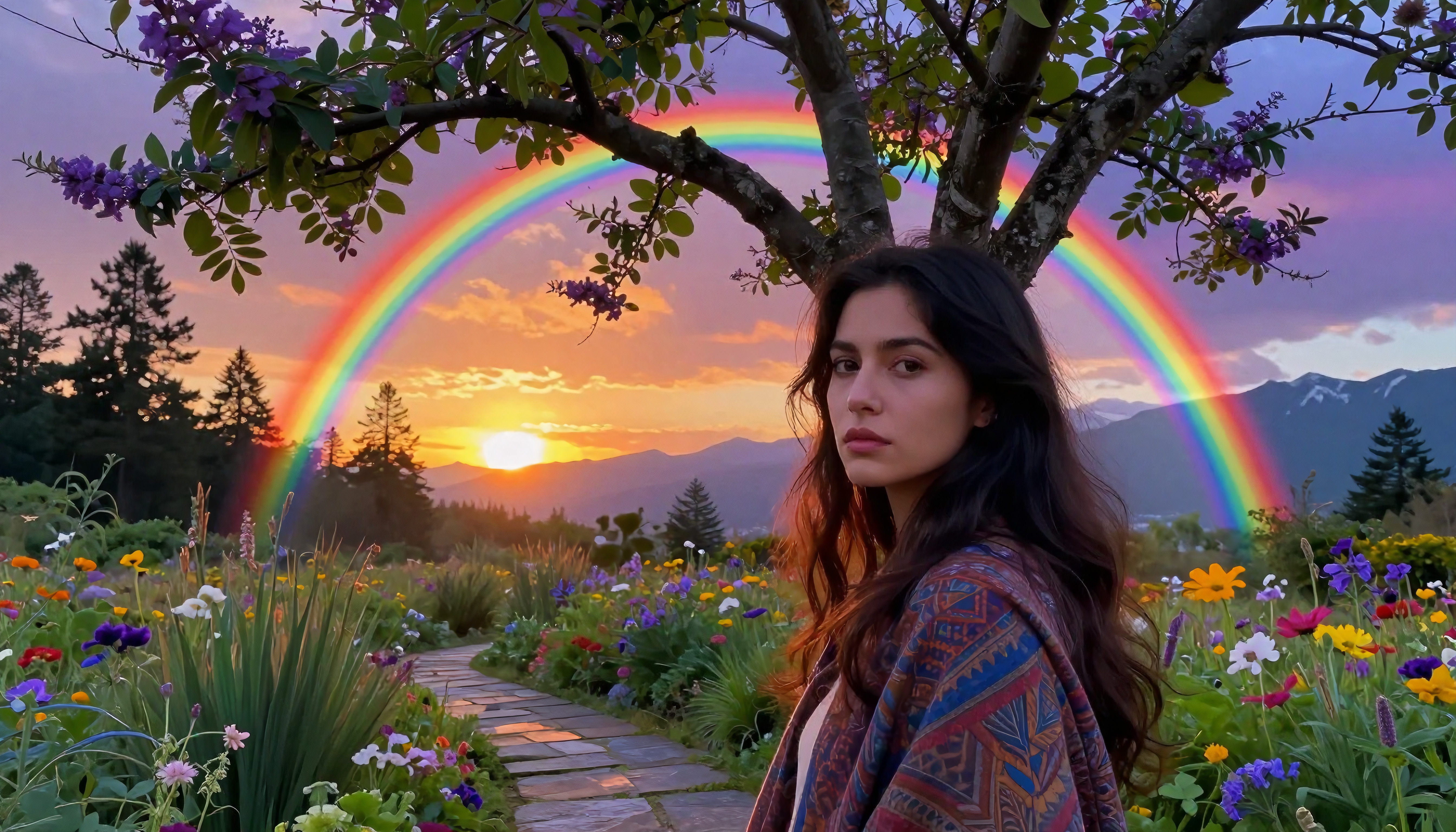 A woman in a colorful garden with a rainbow arching over a sunset sky.