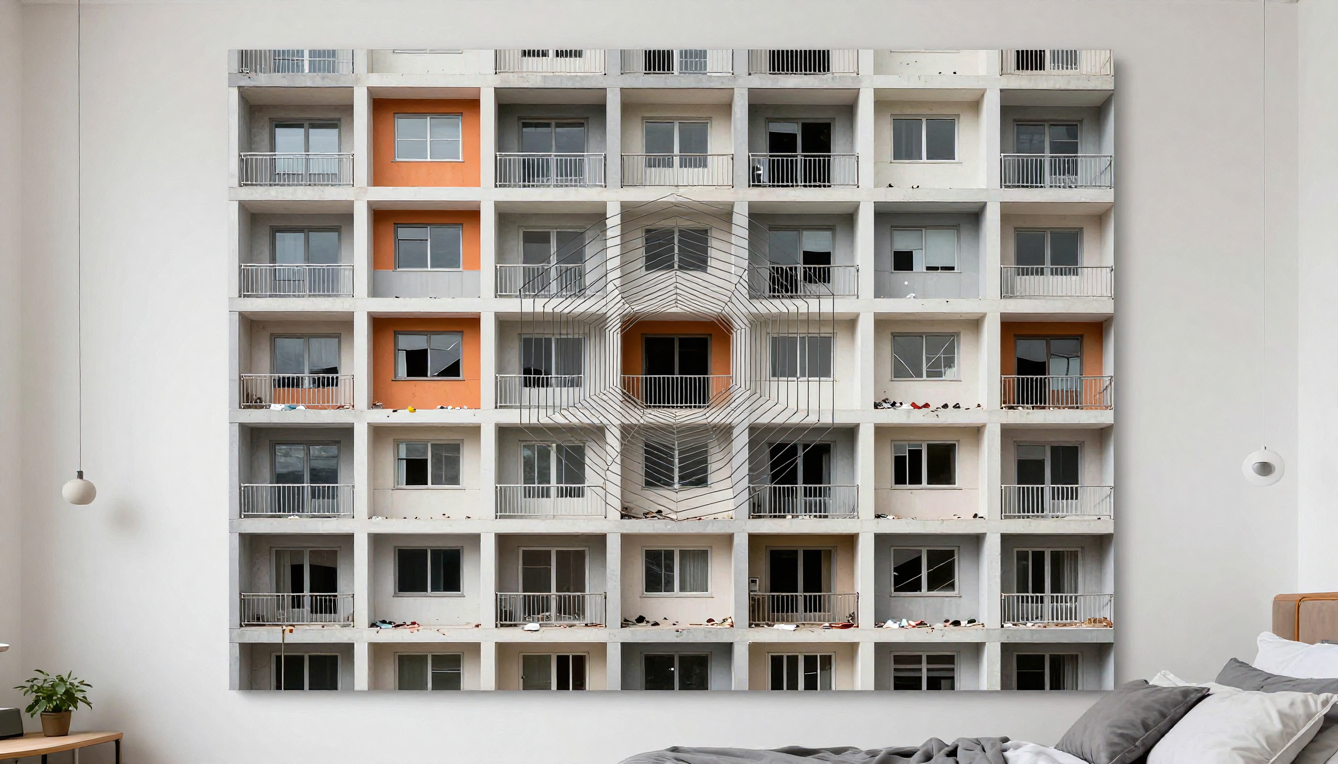 A large artwork featuring a geometric building facade pattern with balconies, mounted in a minimalistic room.