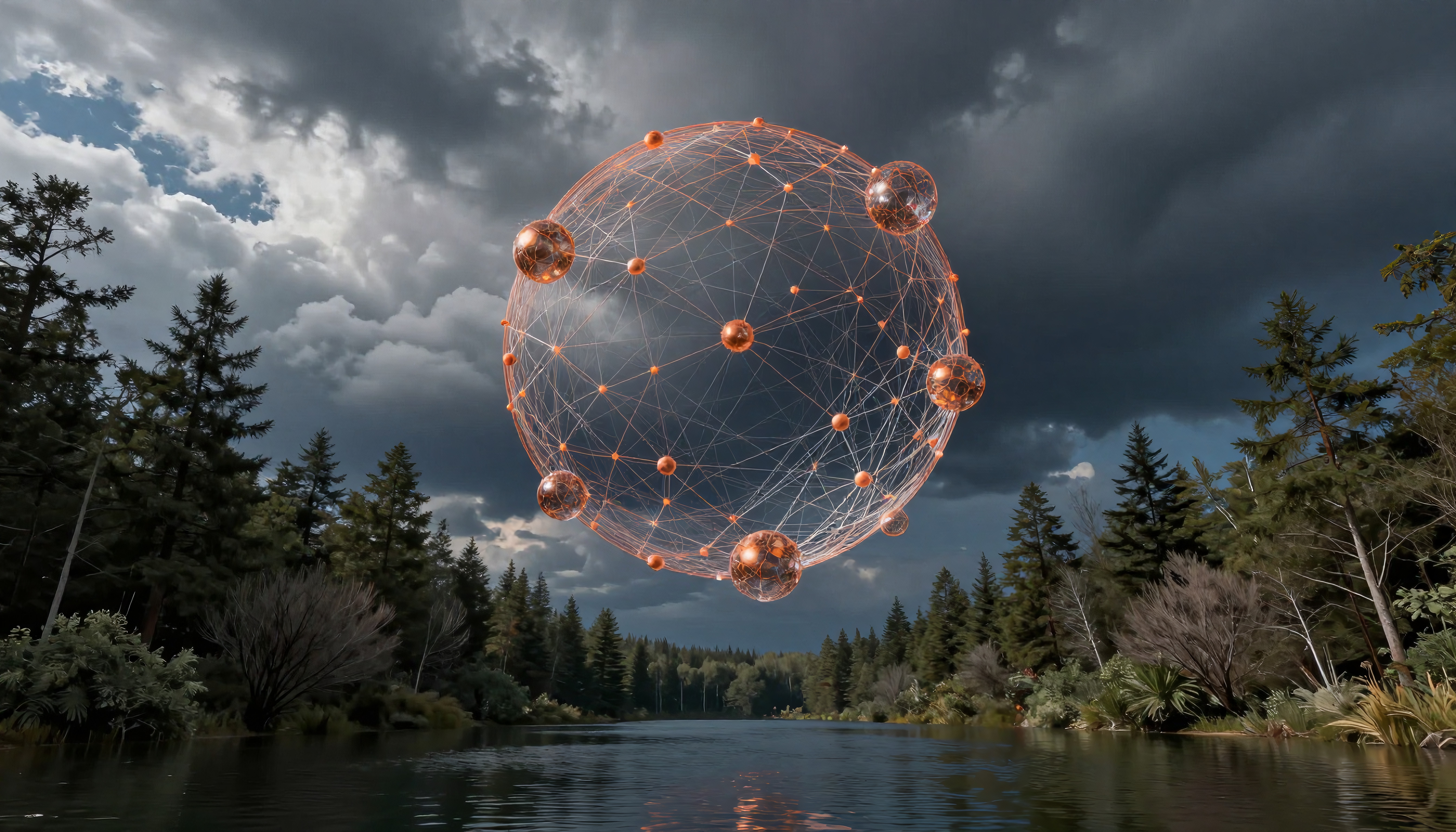 Futuristic glowing sphere hovers over tranquil forest river.