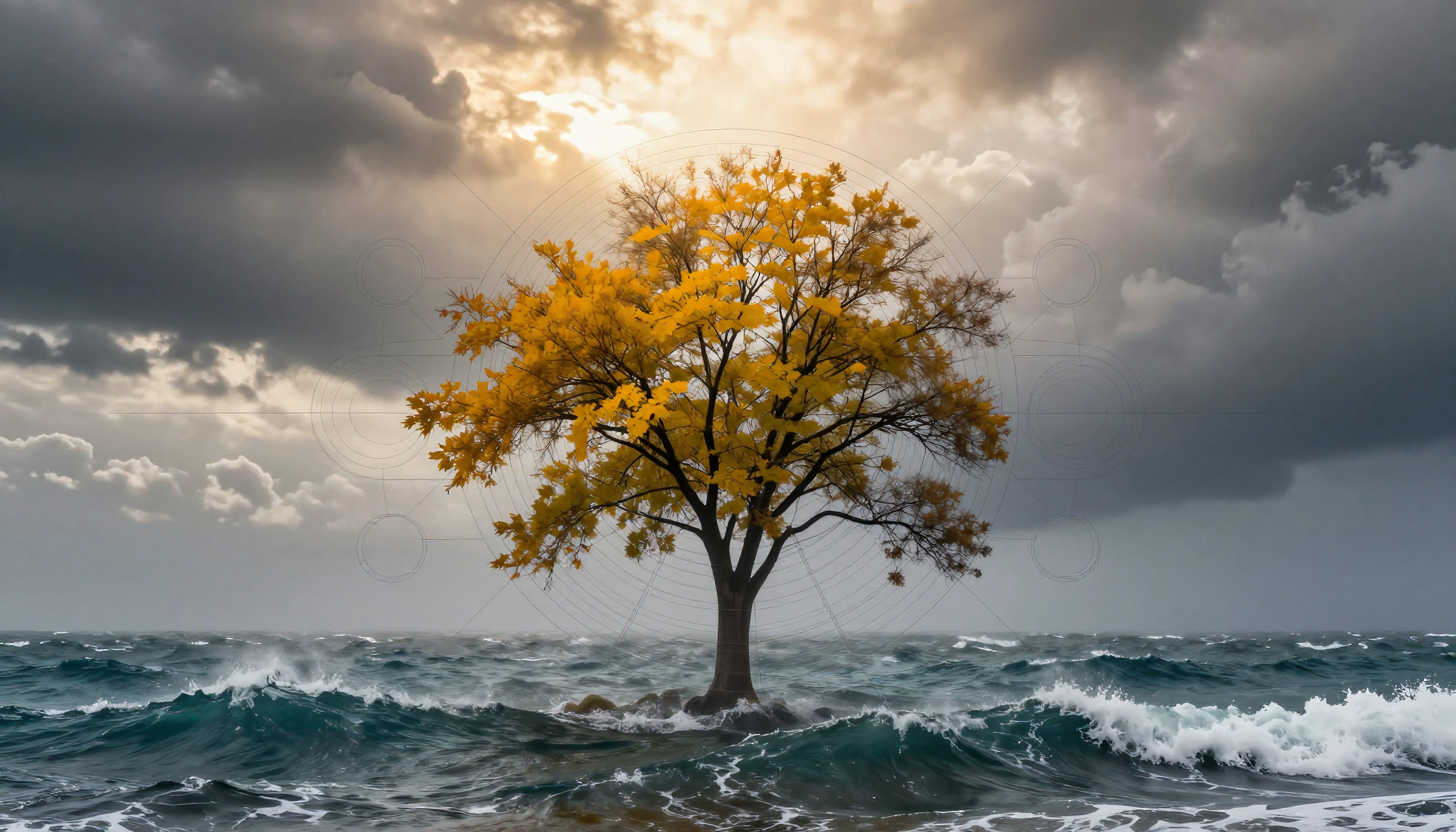 A solitary tree with golden leaves stands resilient in a stormy sea against a dramatic sky.