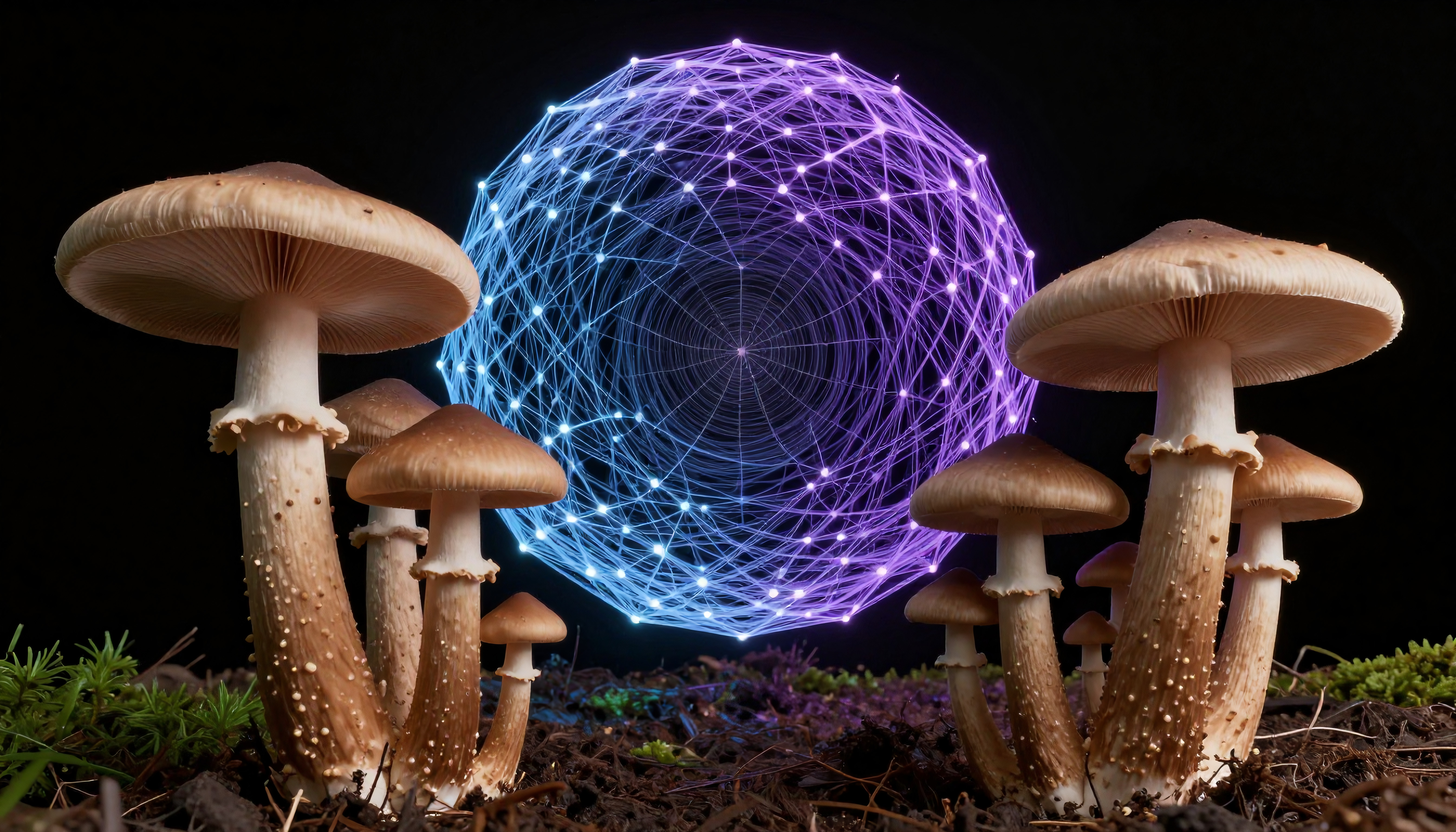 Glowing digital sphere with brown mushrooms on forest floor, 3D digital art