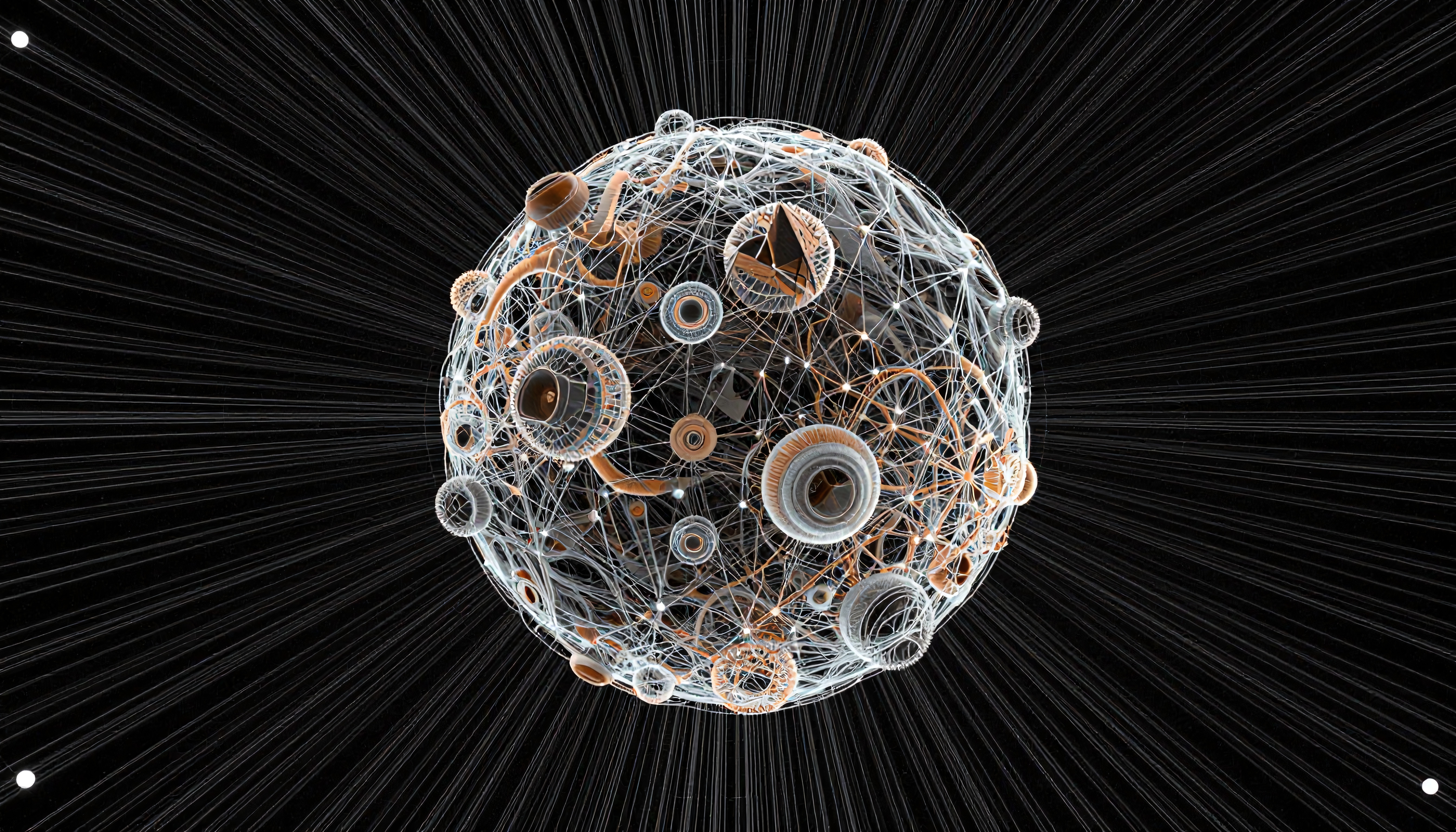 Abstract spherical network with intricate design showcasing connectivity.