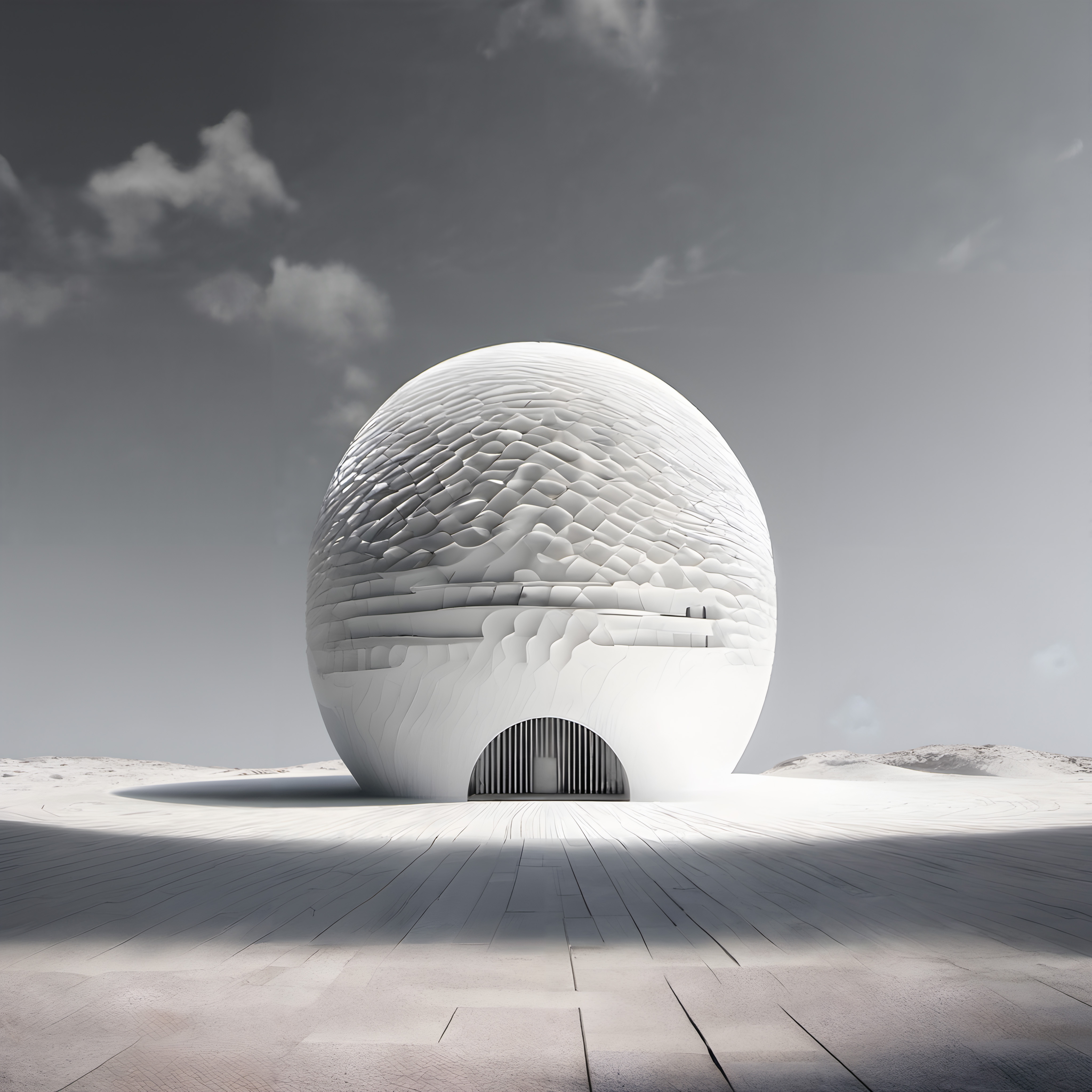 Futuristic spherical building with textured facade.