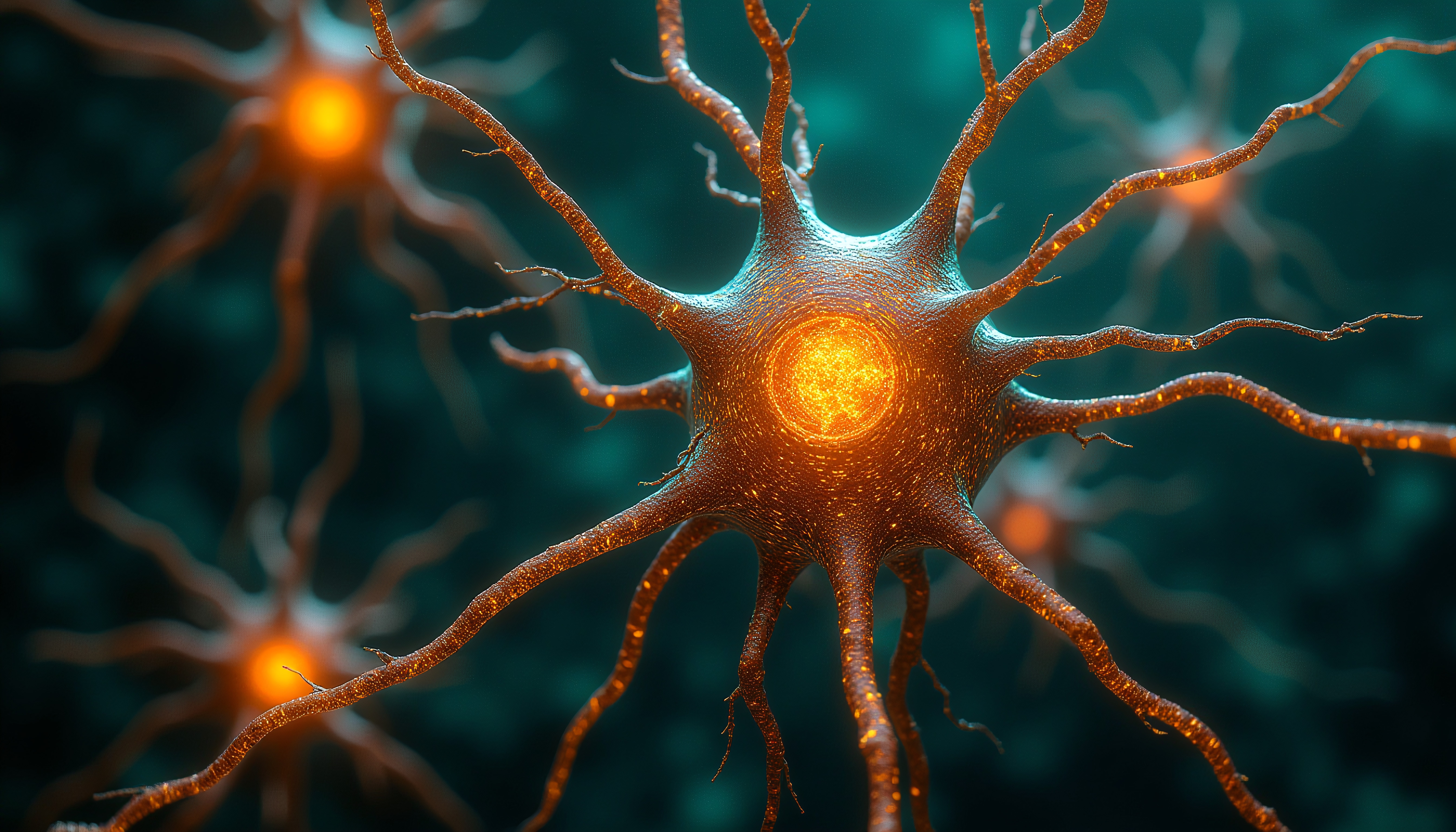 A glowing neuron with branching dendrites against a teal background.