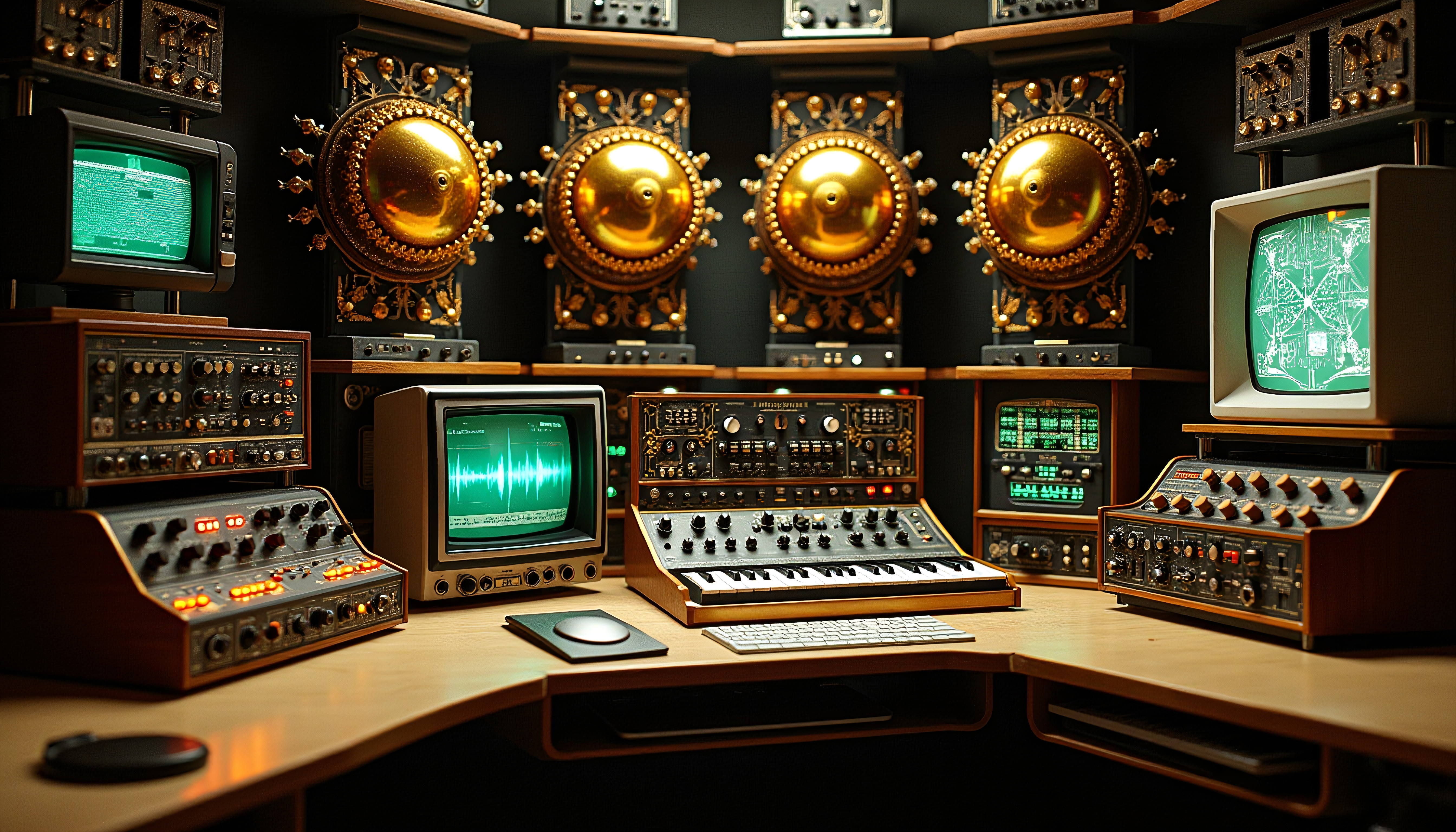 A retro-futuristic control room filled with vintage synthesizers, golden accents, and glowing screens.