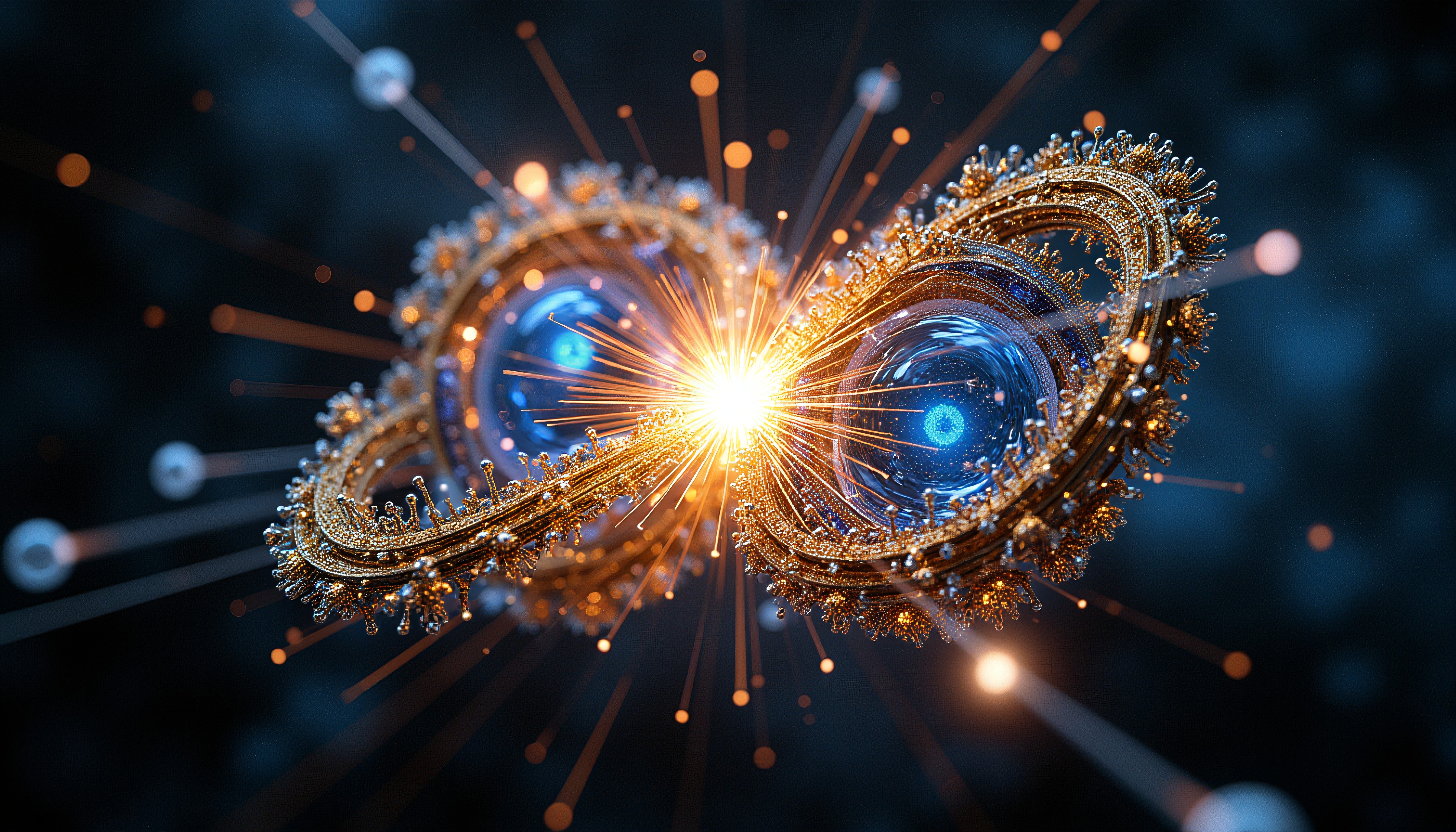 Intricate molecular structures with a cosmic aesthetic, featuring symmetrical golden designs and glowing blue cores connected by vibrant beams of light.