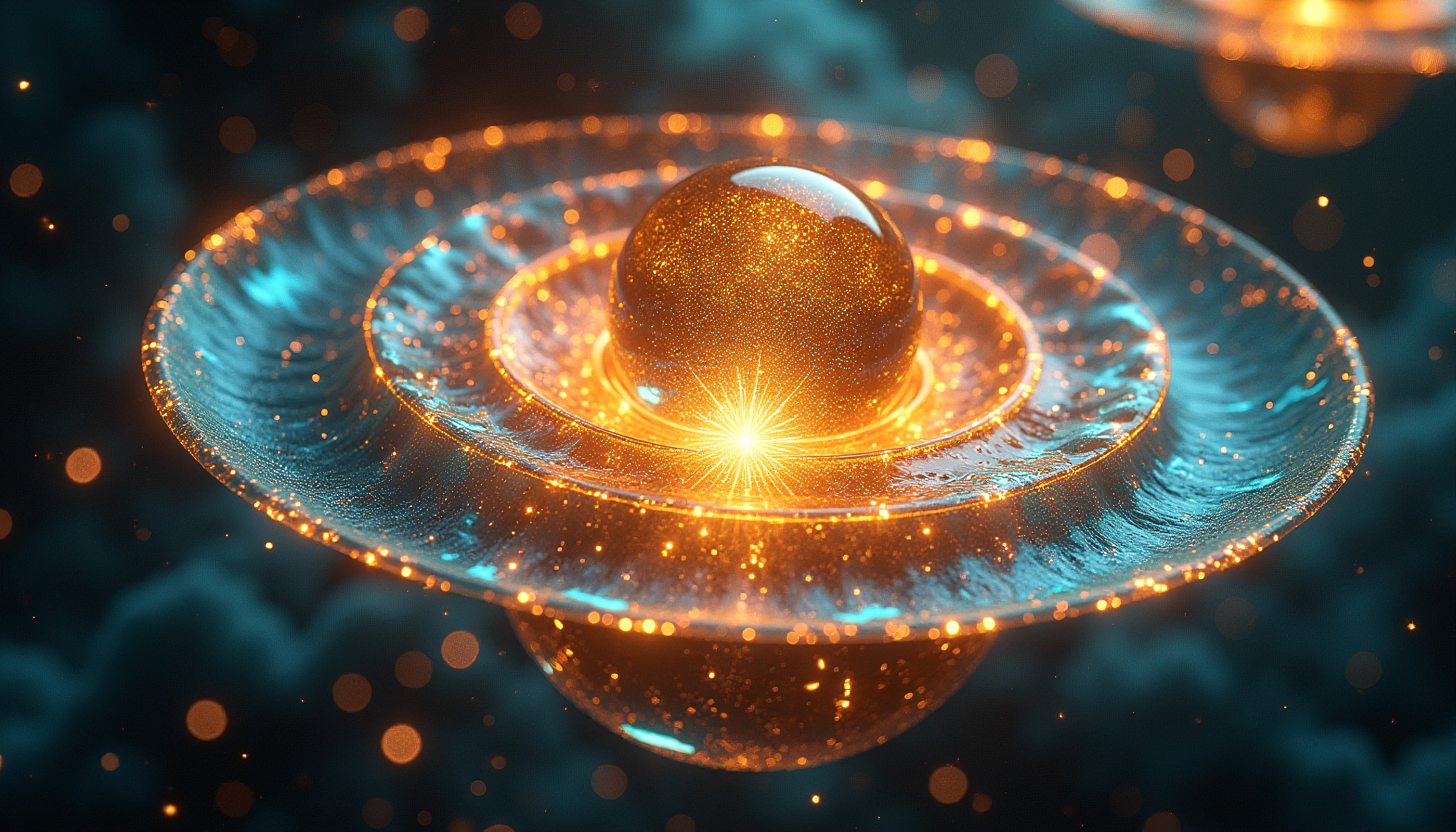 Futuristic glowing sphere with transparent rings, digital sci-fi art.
