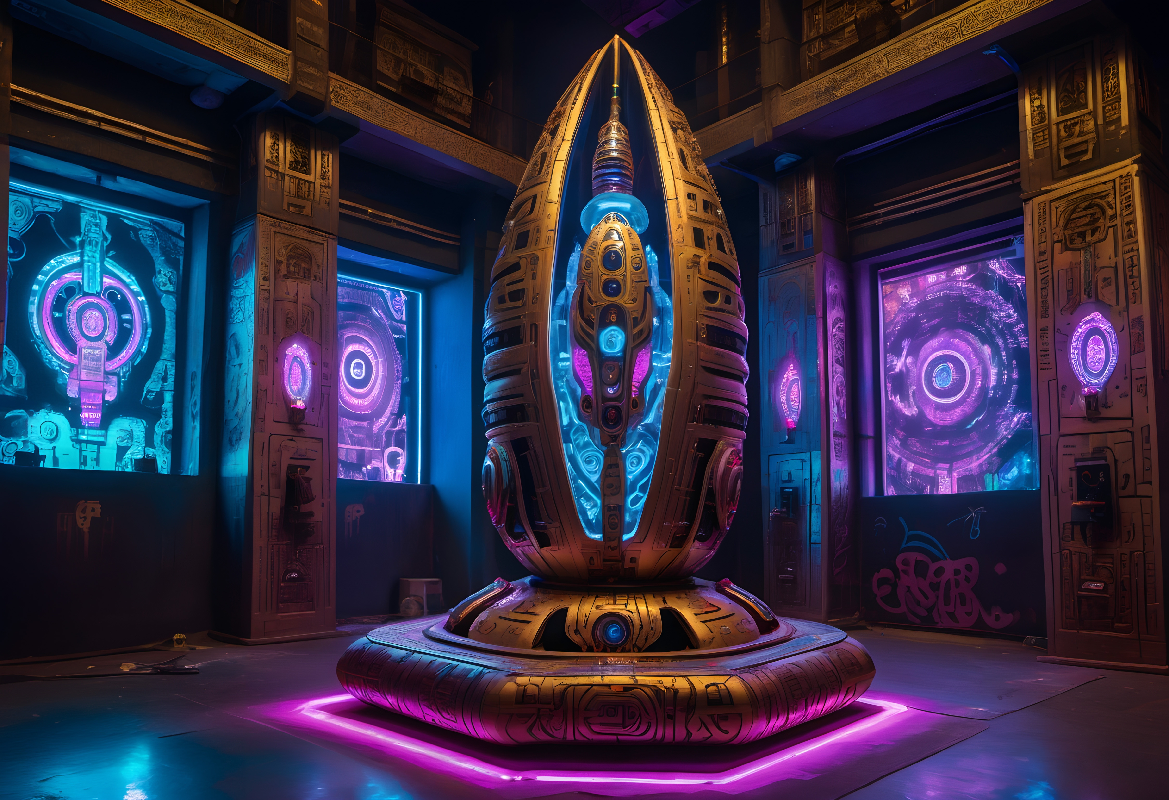 A futuristic chamber with a neon-lit alien artifact at its center, surrounded by vibrant screens and intricate technological designs.