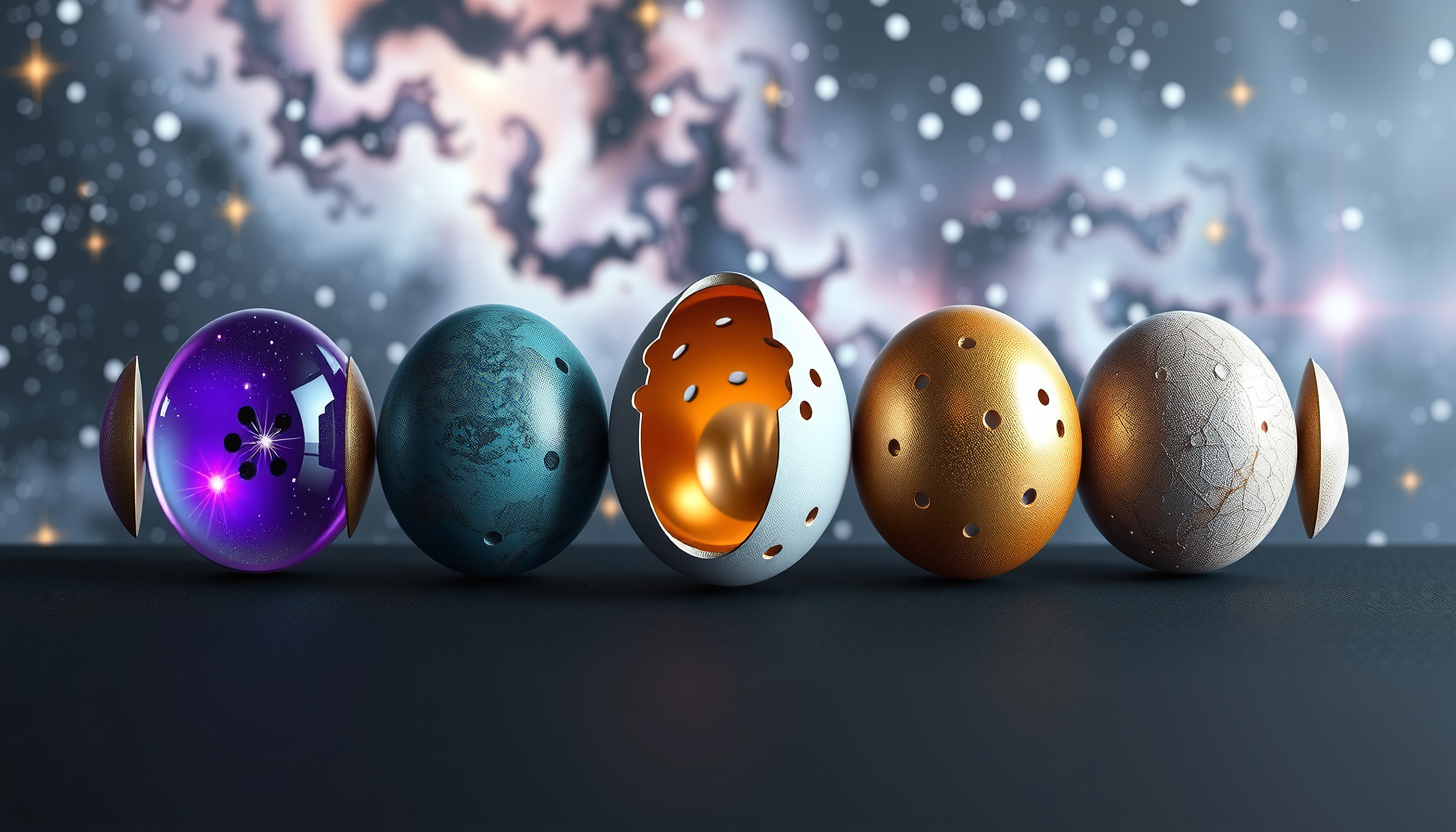 Surreal cosmic eggs evolving through phases against starry background