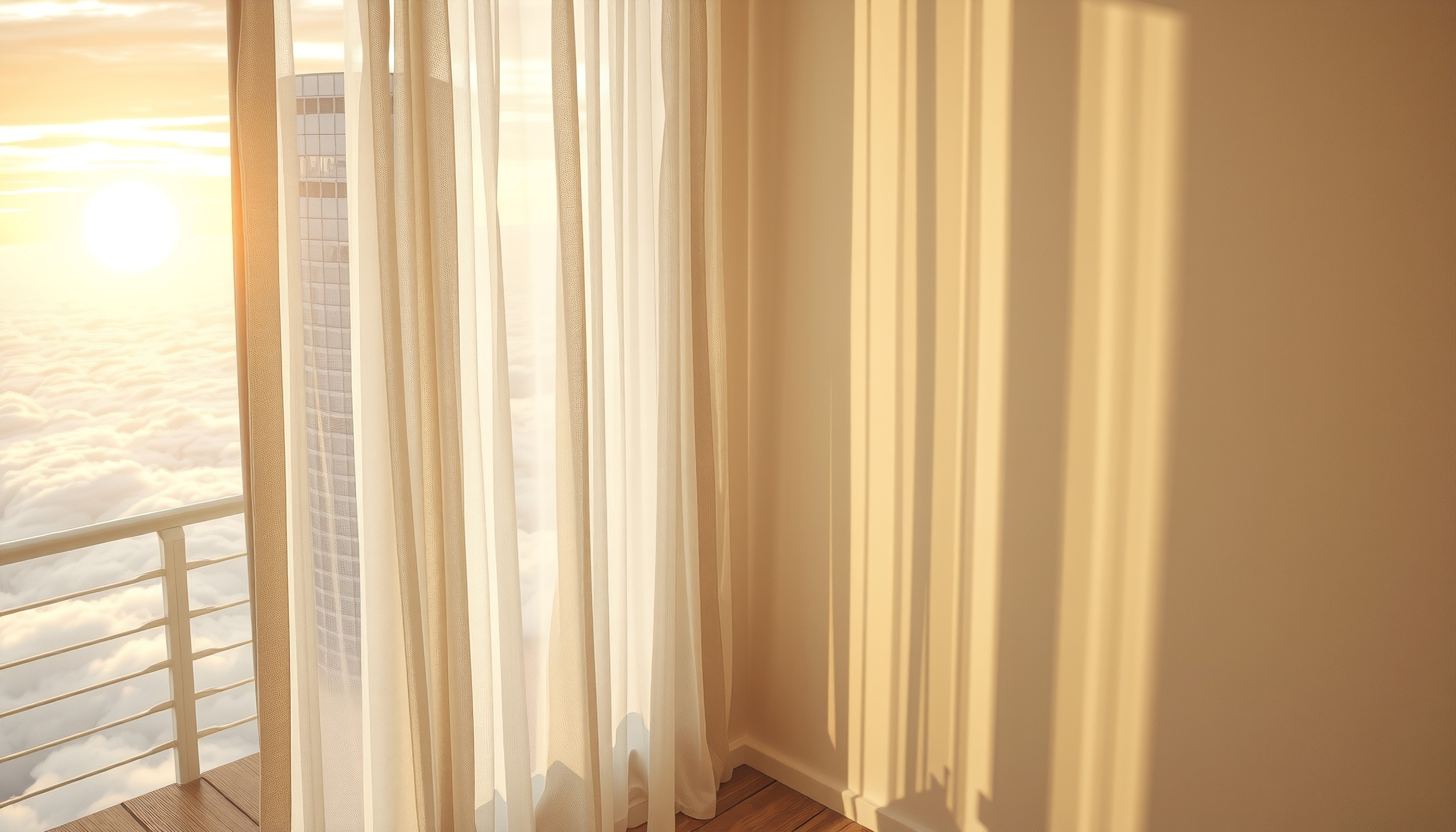 A sunlit room with sheer curtains and a view of a skyscraper above the clouds during sunrise.