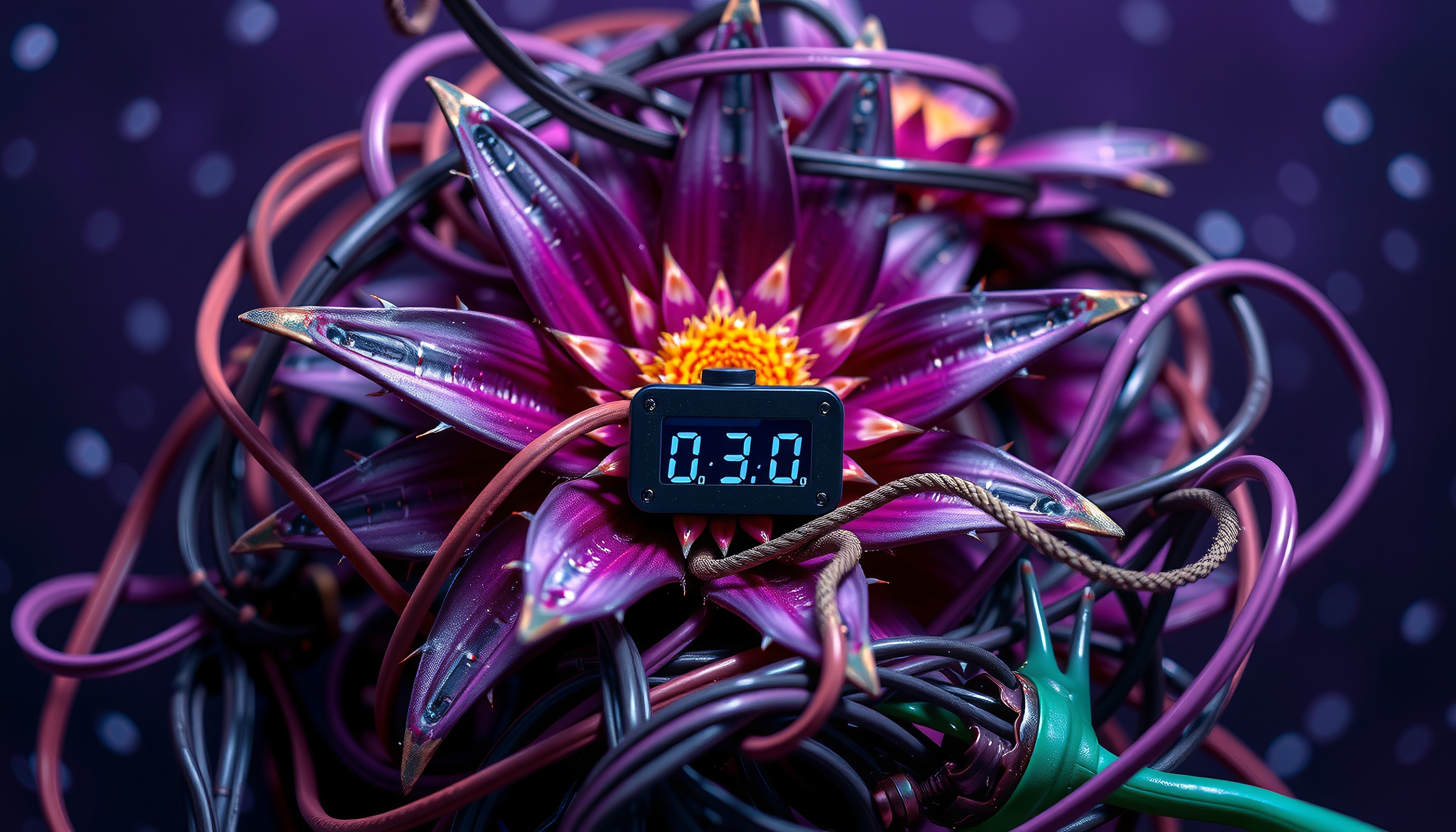 A vibrant purple flower intertwined with colorful wires, featuring a digital display.
