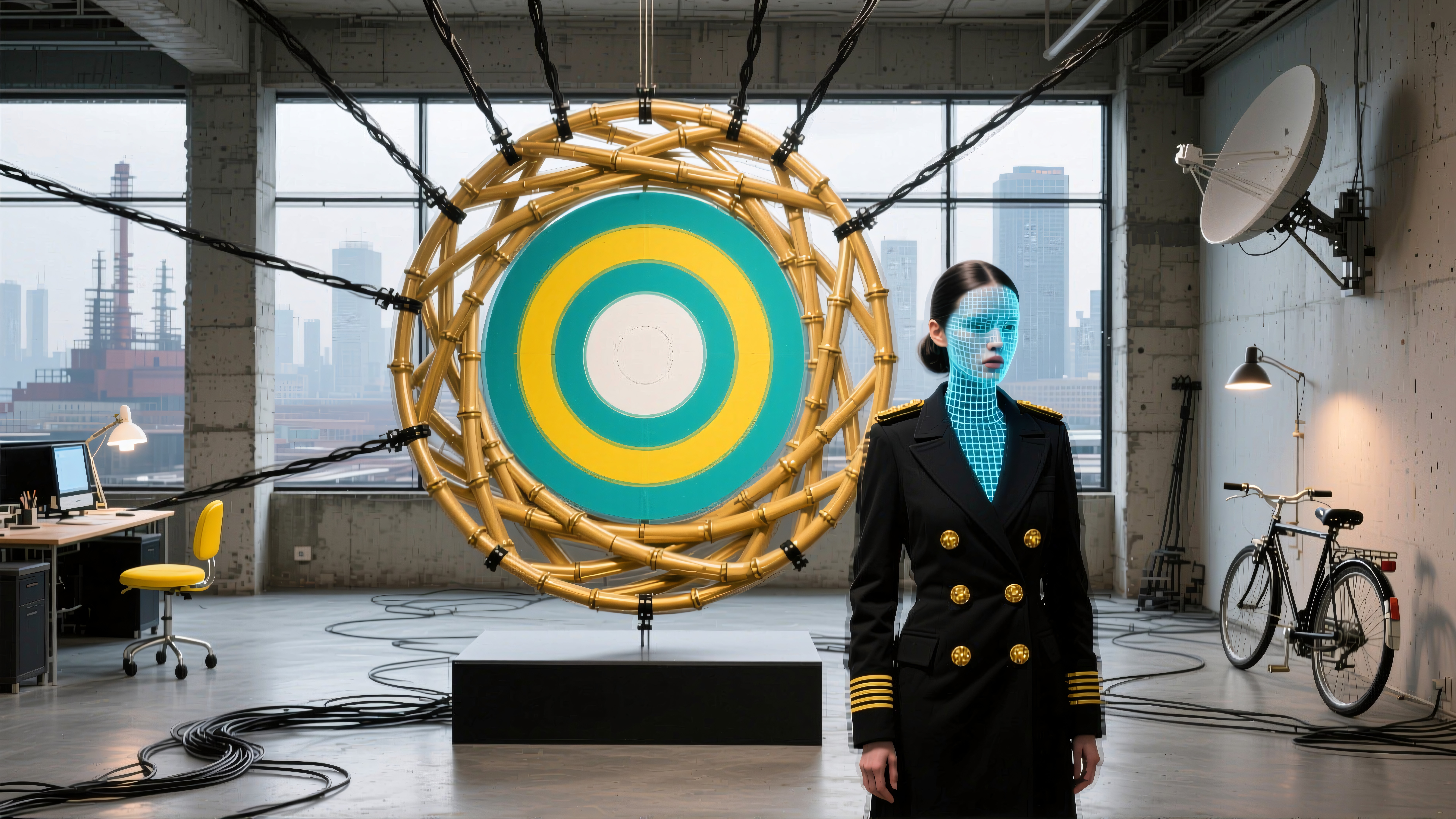 Futuristic office scene with a digitally-altered woman standing before a circular installation, showcasing modern art and technology.