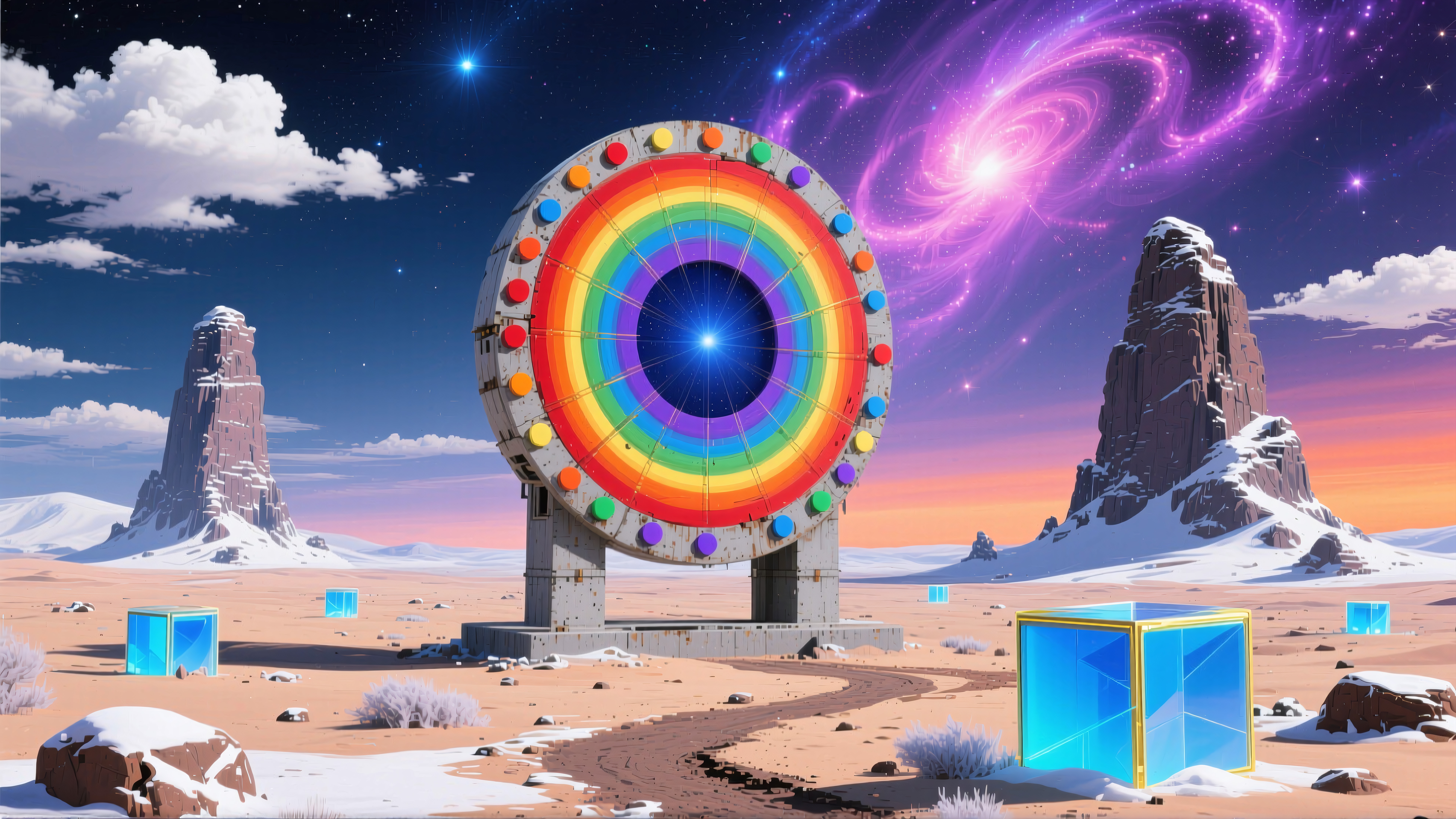 A mystical desert scene with a giant colorful wheel, cosmic sky, and glowing cubes.
