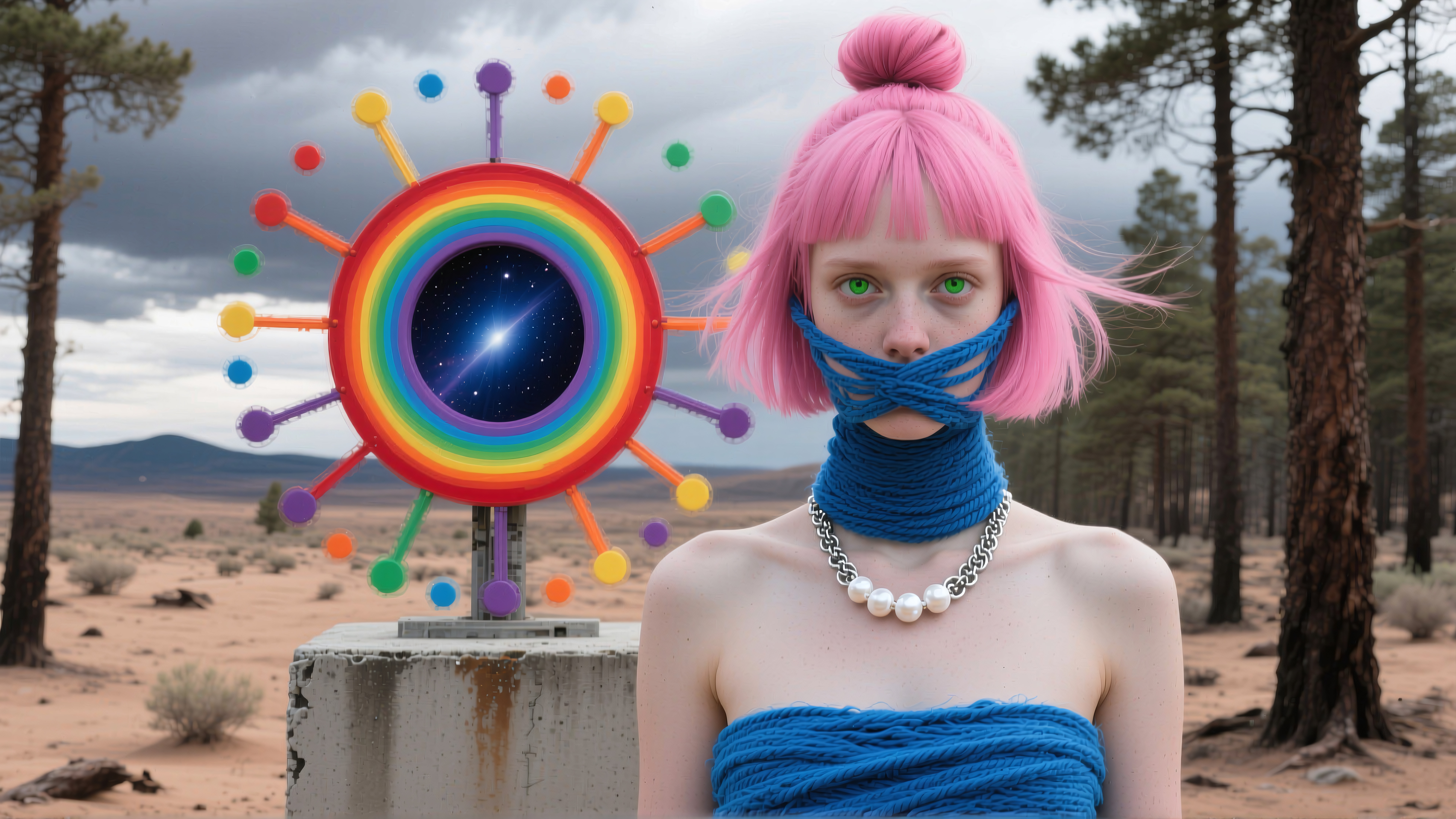 Colorful woman and sculpture in desert landscape.