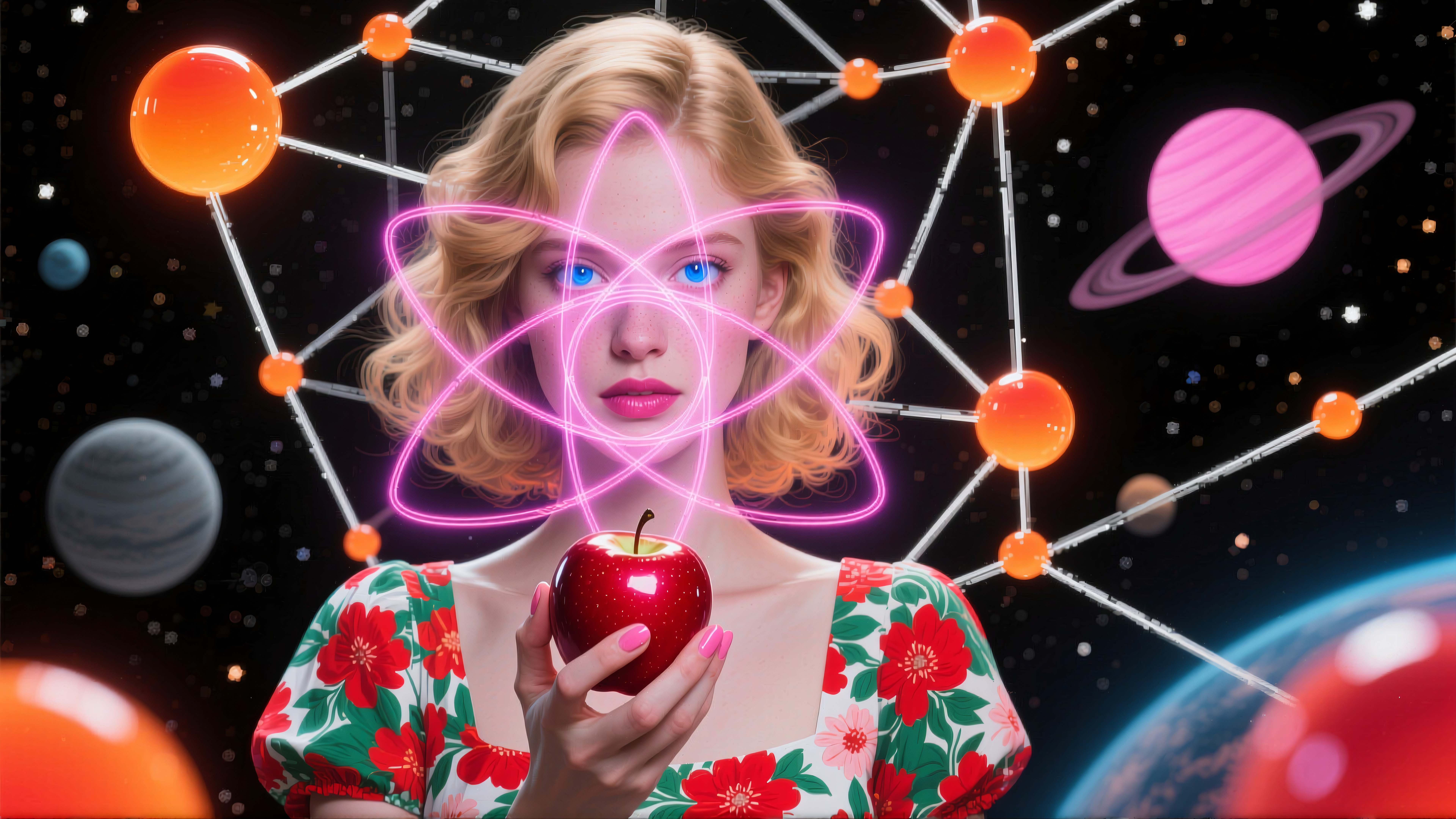 Woman holding red apple with neon atomic structure, space background, planets, stars, floral dress, digital art illustration